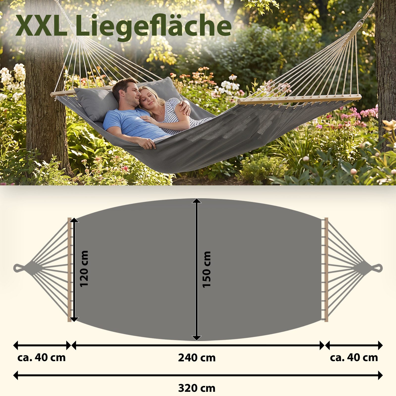 BB Sport Stabhängematte Stabhängematte 240 x 150 cm inkl. 2 Kissen für 2 Personen
