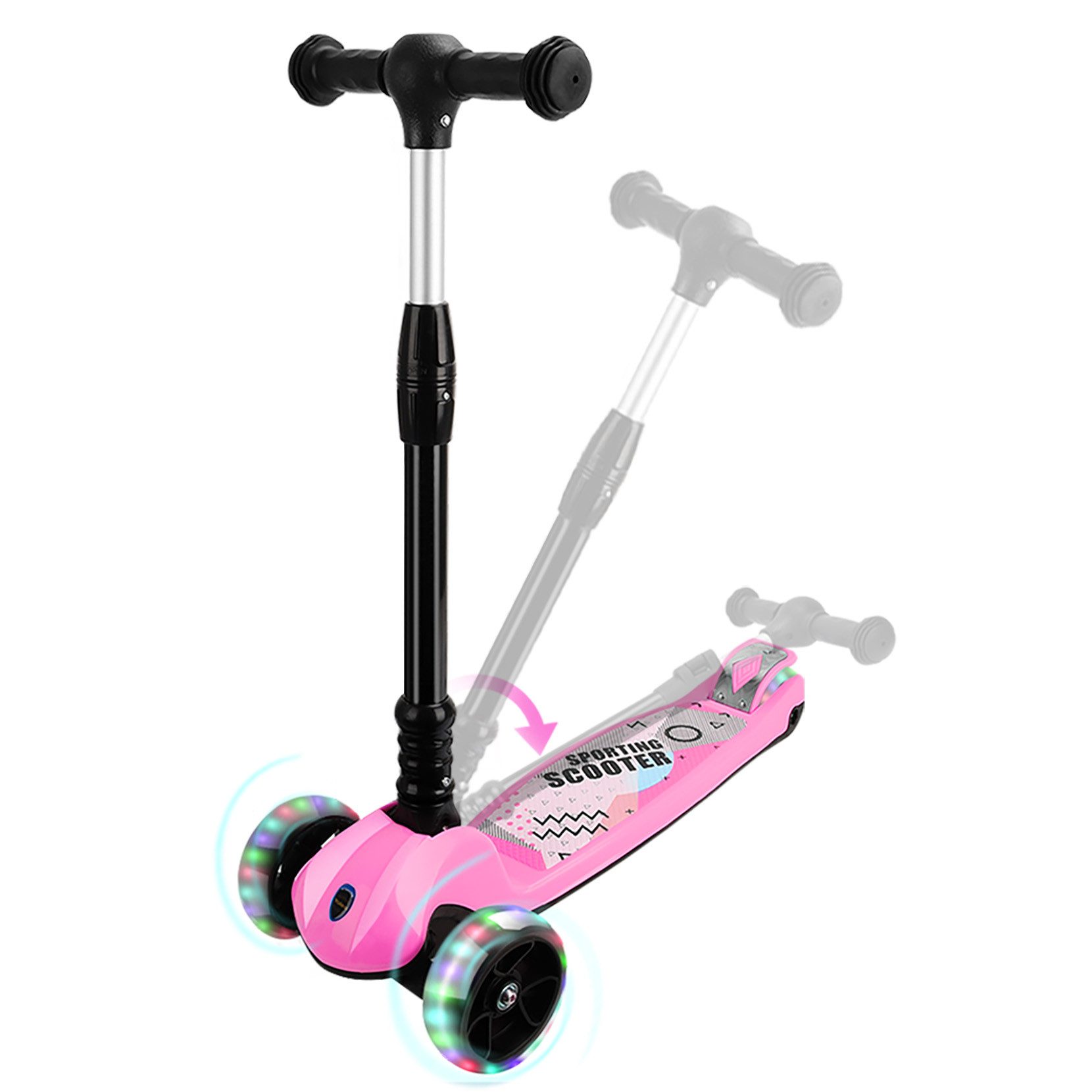 OUNUO Dreiradscooter Höhenverstellbarer Kinderroller mit LED-Rädern für Kinder ab 3 Jahren