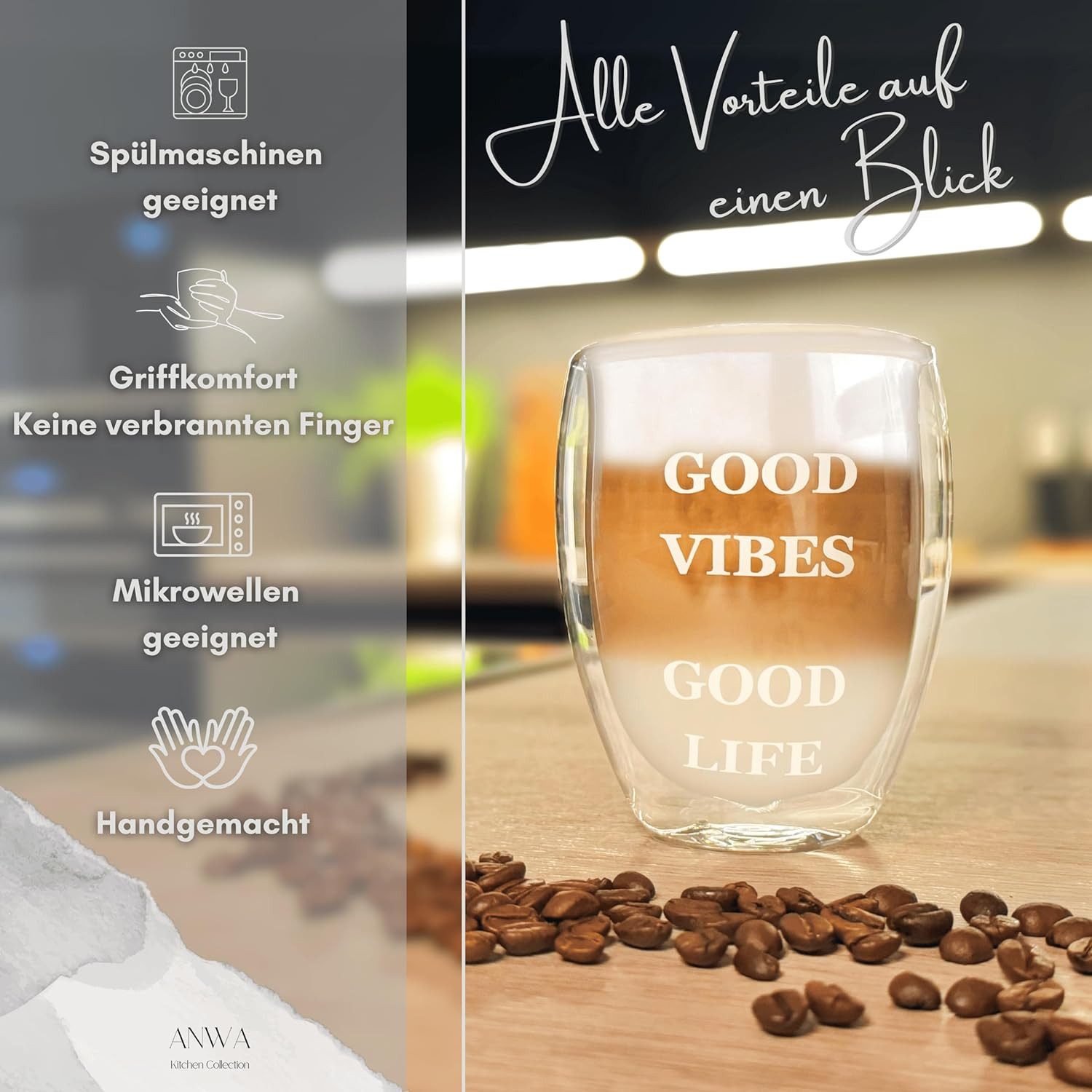 ANWA Thermoglas 4x Doppelwandige Gläser mit Aufdruck Thermogläser 350ml Kaffee Tee, 4-tlg., Glas, doppelwandig