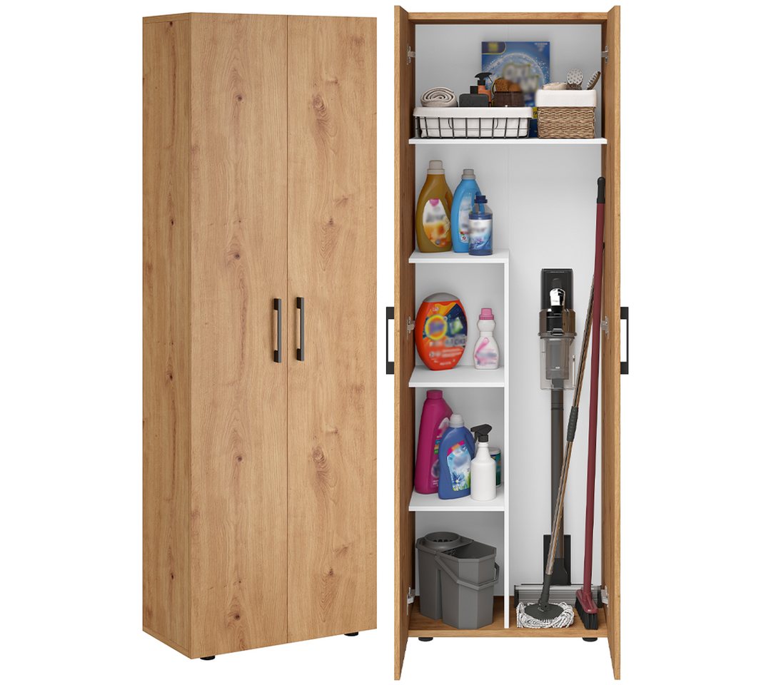 Bellamio Mehrzweckschrank Apol, Hochschrank aus Holz, Aufbewahrungsschrank (Eichenoptik) Besenschrank mit 5 Fächern, inkl. Staubsaugerfach