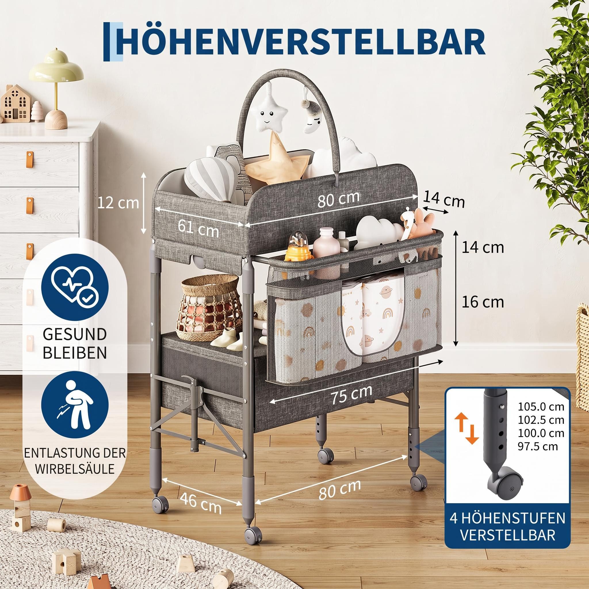 GarveeMore Wickeltisch Höhenverstellbarer Wickeltisch Klappbar, mit Rollen & Schubladen, Platzsparend klappbar, höhenverstellbar (97-105 cm) & mobil – Bild 2 von 5