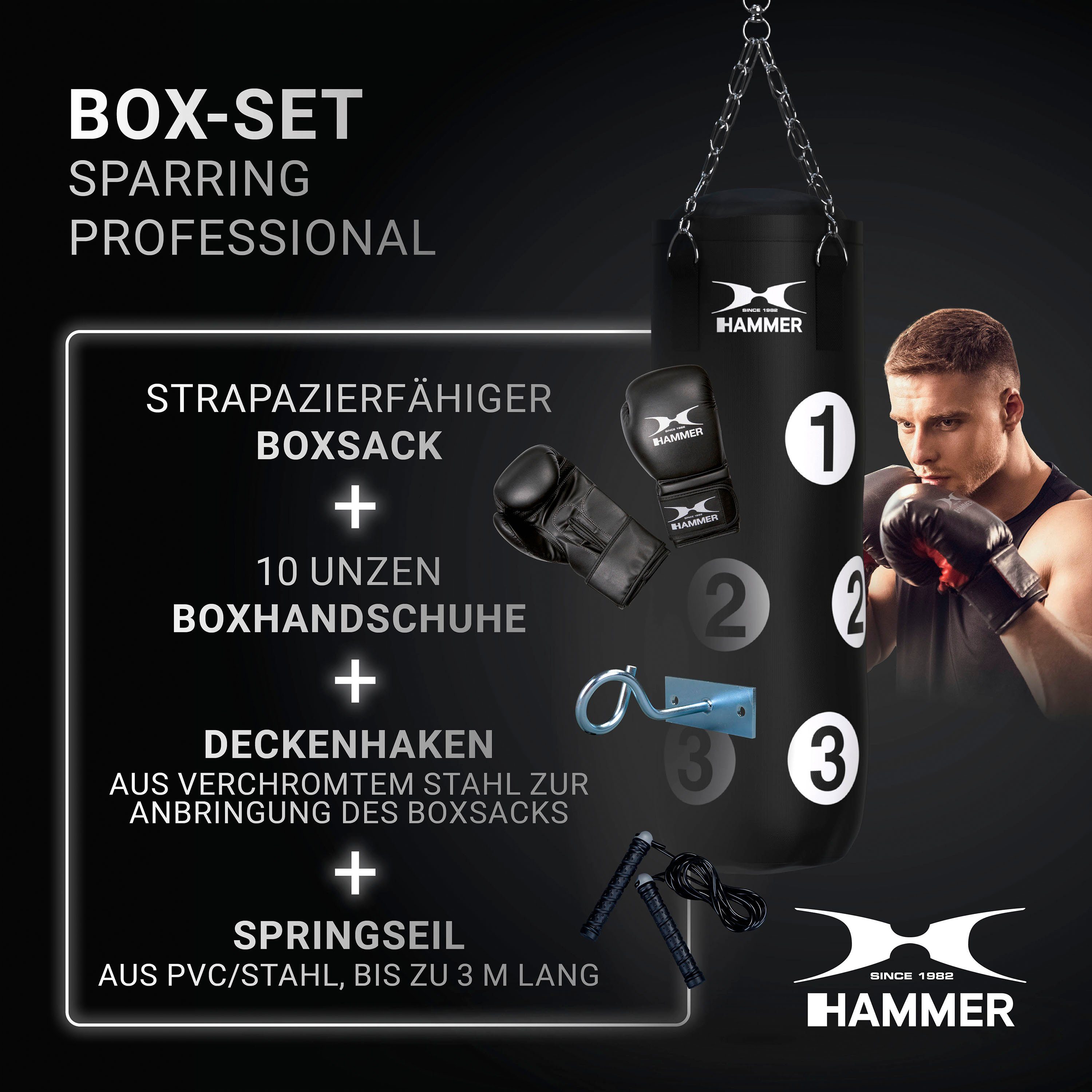 Hammer Boxsack Sparring Professional (Set, mit Sprungseil, mit Haken, mit Boxhandschuhen)