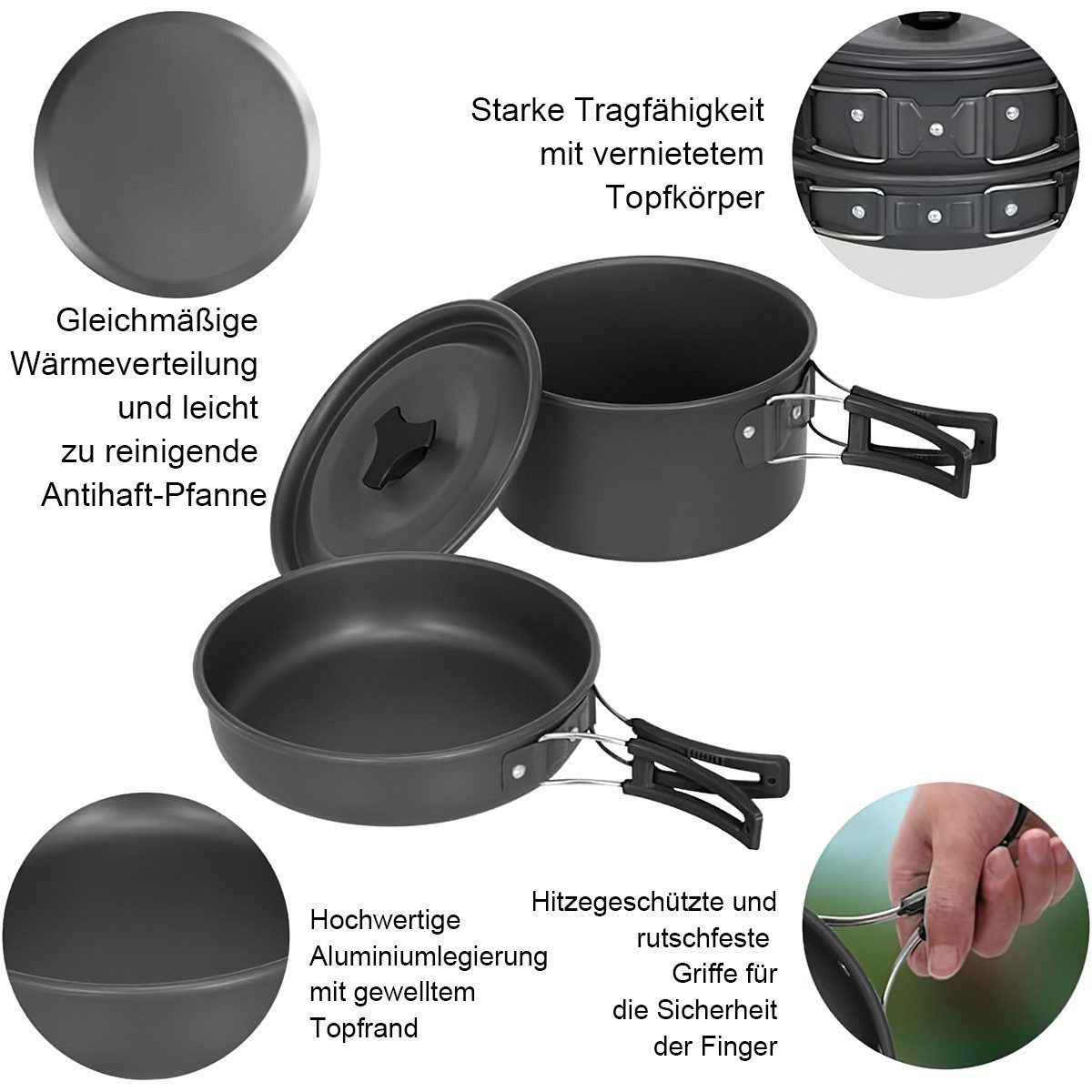 AURIVION Geschirr-Set Geschirr-Set Camping-Kochgeschirr-Besteck-Set (11-tlg), 4 Personen, Edelstahl, leichte Töpfe und Wasserkocher mit 2 Tassen