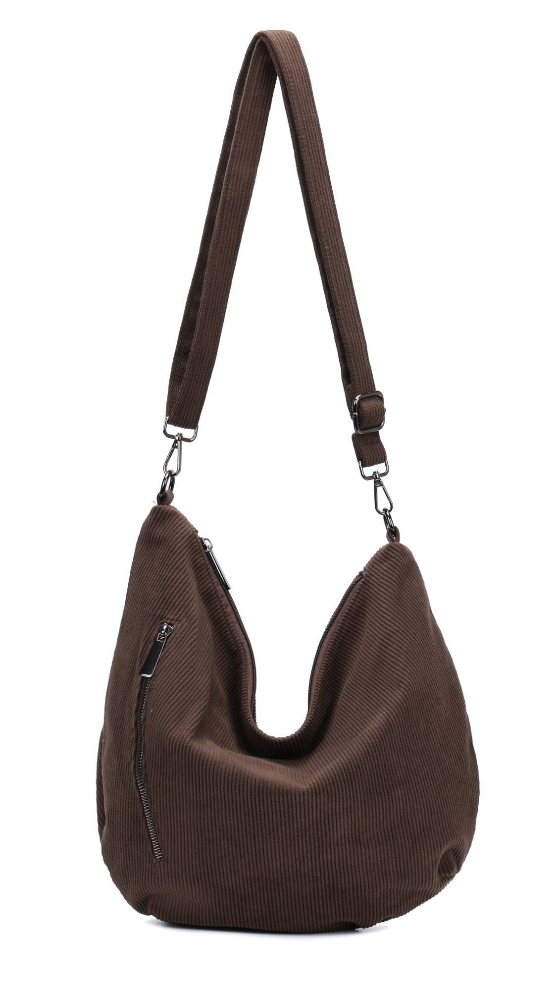 ITALYSHOP24 Schultertasche Damen Halbmond Tasche aus Cord CrossOver Body Bag Umhängetasche, Runde Cordtasche Asymmetrisches MOON Brust Slingtasche Wildlederoptik