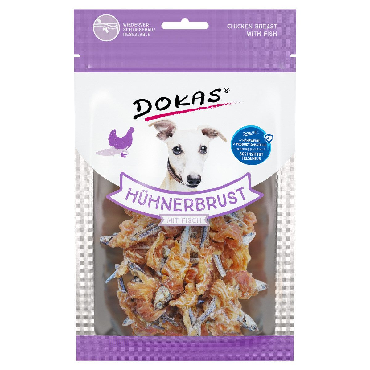 Dokas Hühnerbrust mit Fisch 70 g, Snack für: Hund von Dokas