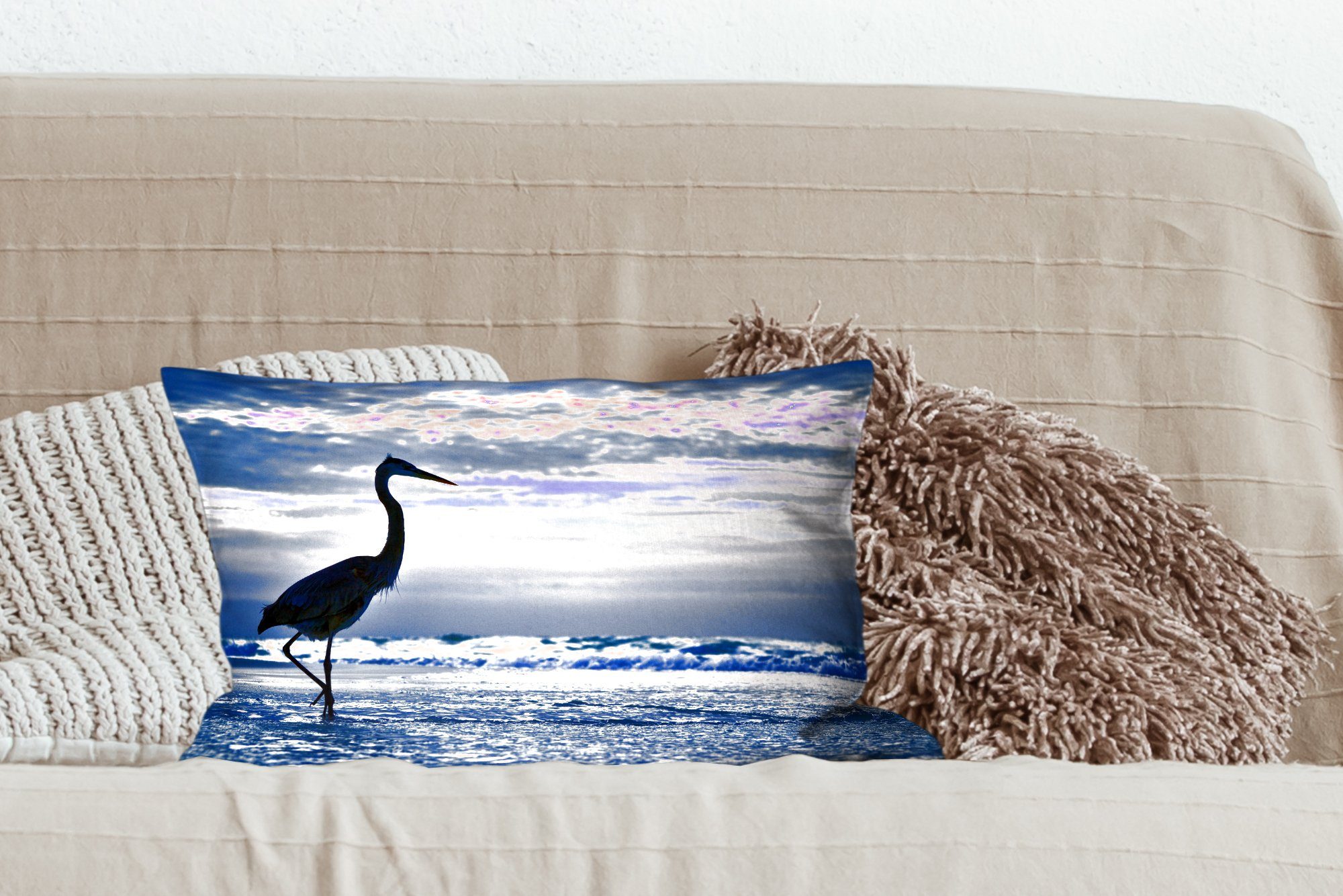 Kranich Zierkissen, einem Füllung, von Ein Dekokissen Schlafzimmer Strand, Dekokissen Dekoration, MuchoWow Bild Wohzimmer mit am