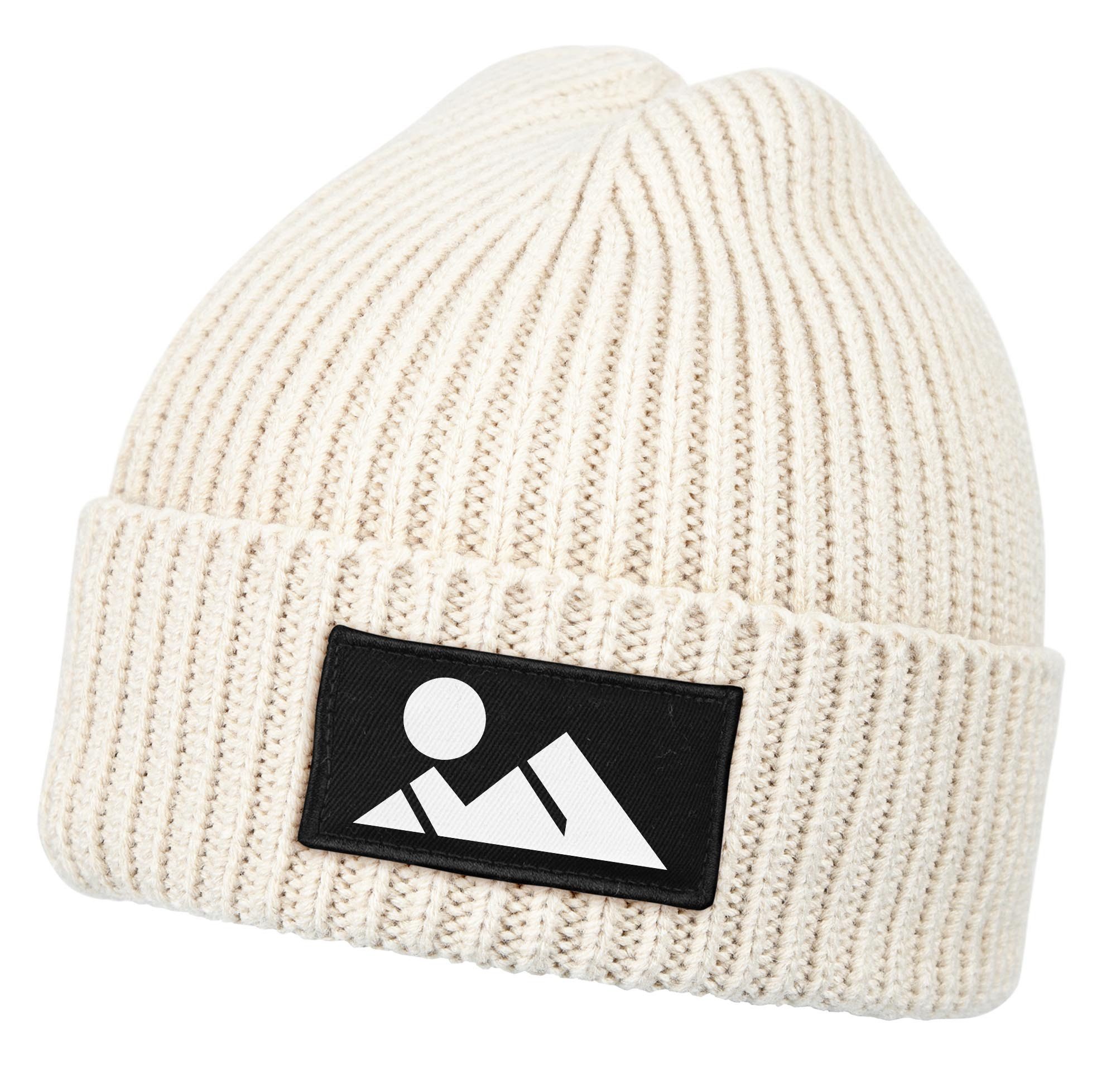 Neverless Strickmütze Neverless® Damen Beanie mit Bergmotiv-Patch aus Rippstrick