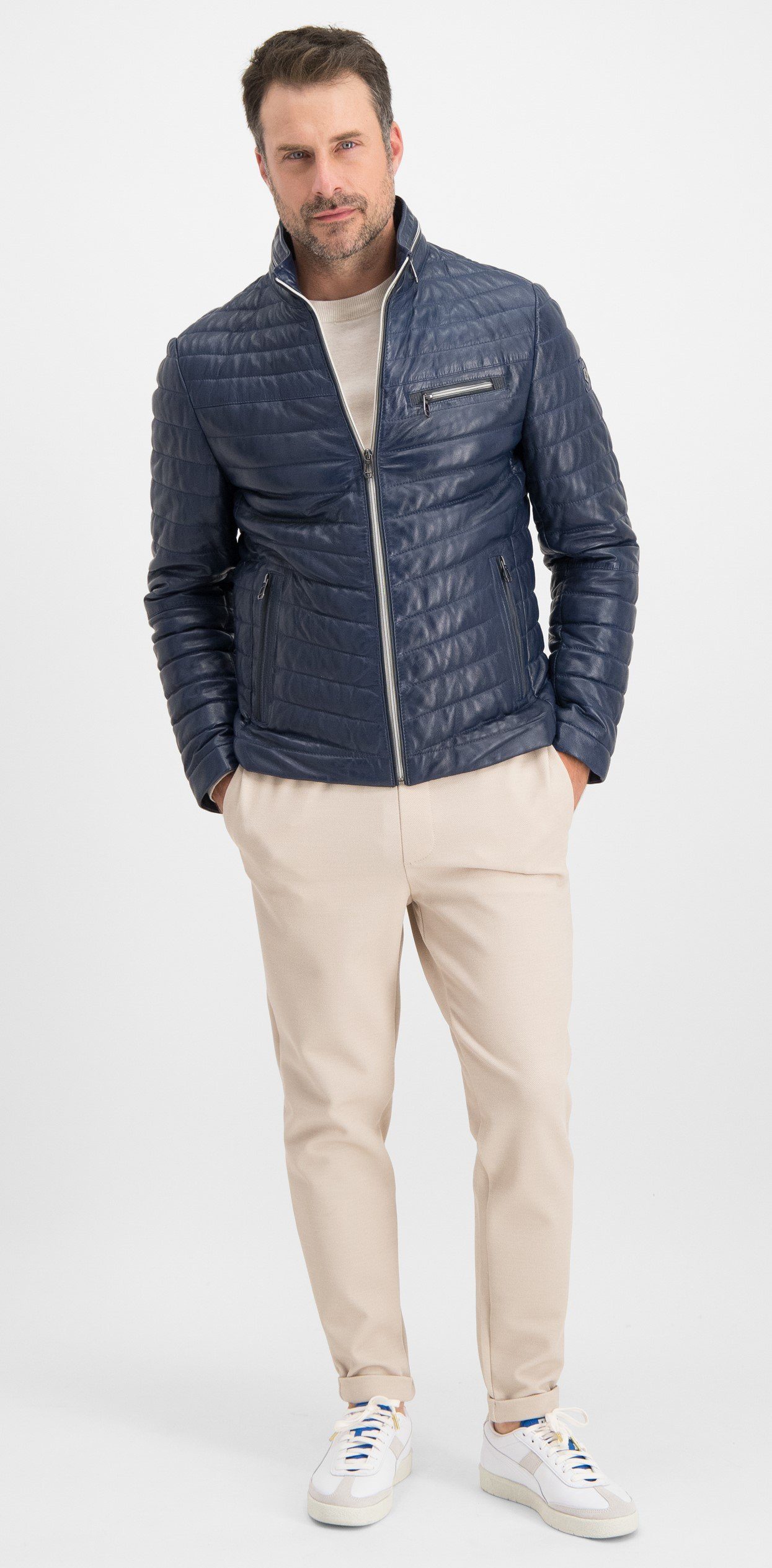 Milestone Lederjacke Damiano Blau Lammleder Steppjacke aus