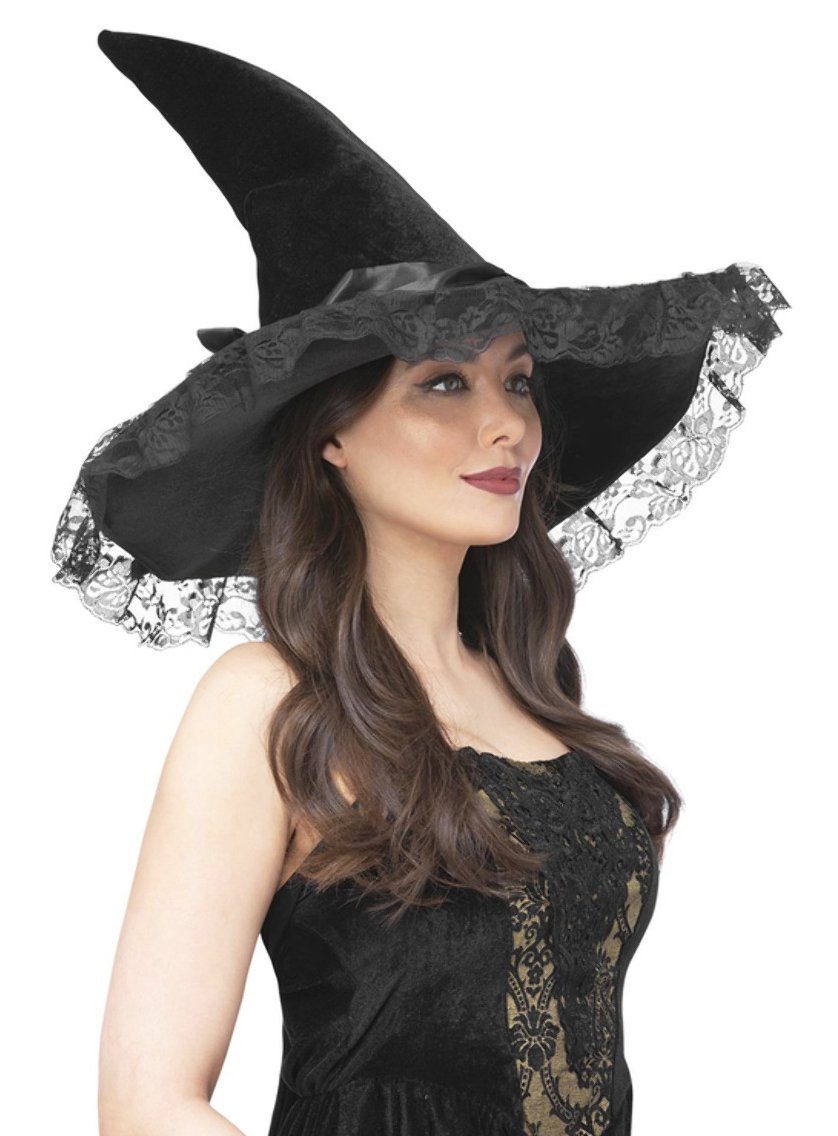 Smiffys Hexen-Kostüm Hexenhut mit Spitze - Halloween Kostümaccessoire, Schön geschwungener Hexenhut mit Verzierungen