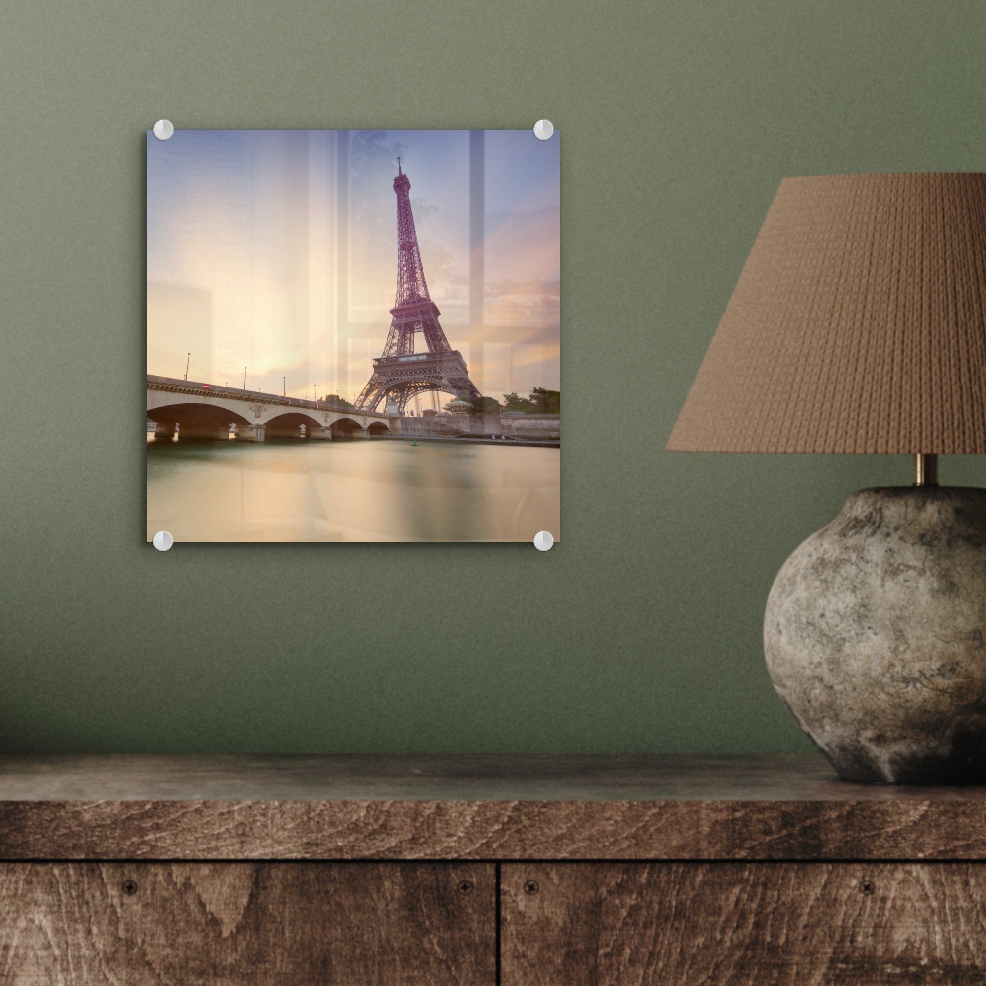 an Uferpromenade, - Glasbilder auf Wandbild - (1 Wanddekoration St), auf Eiffelturm MuchoWow der - Bilder Glas Glas Acrylglasbild Foto