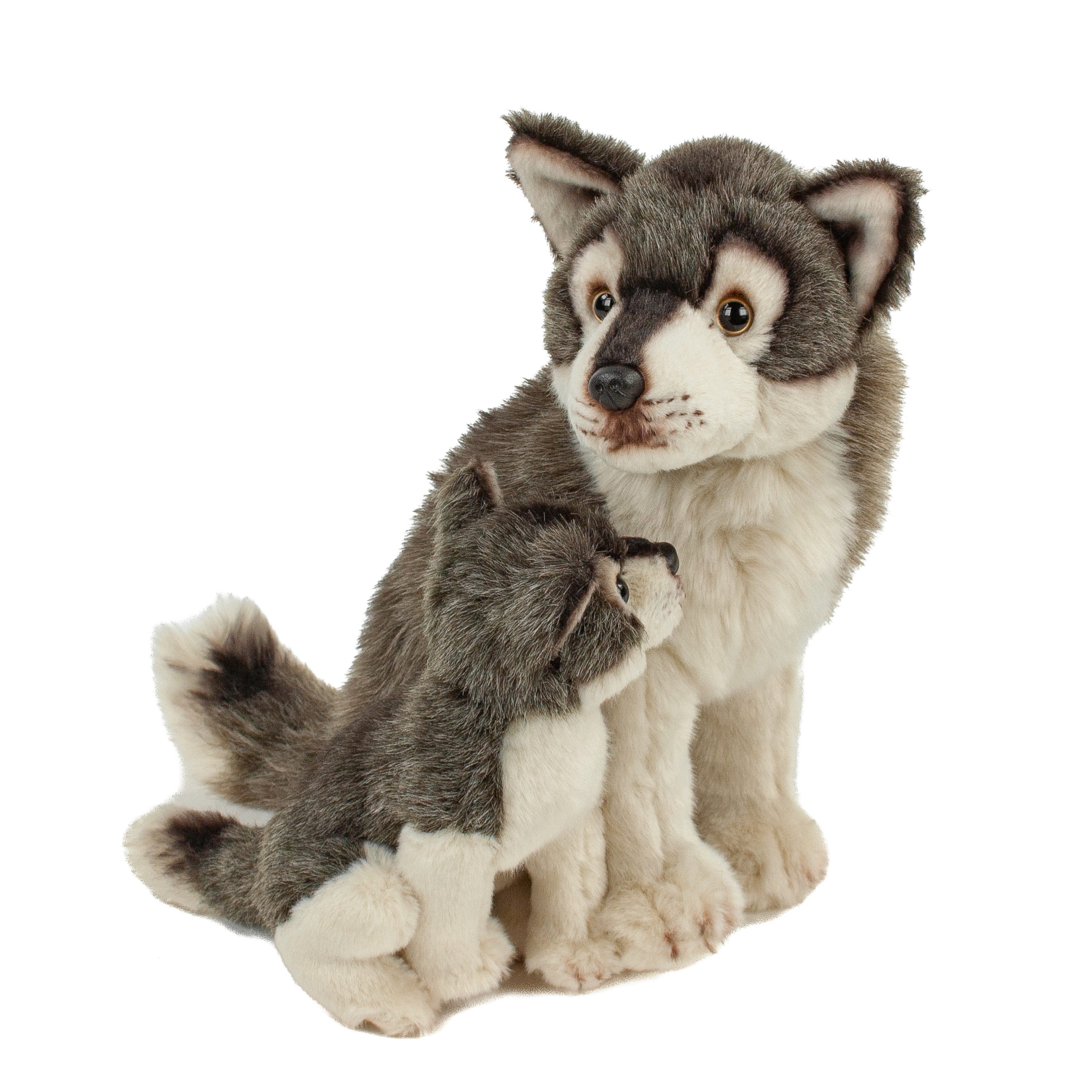 Teddys Rothenburg Kuscheltier Kuscheltier Wolf mit Baby 27 cm sitzend grau/weiß Plüschwolf