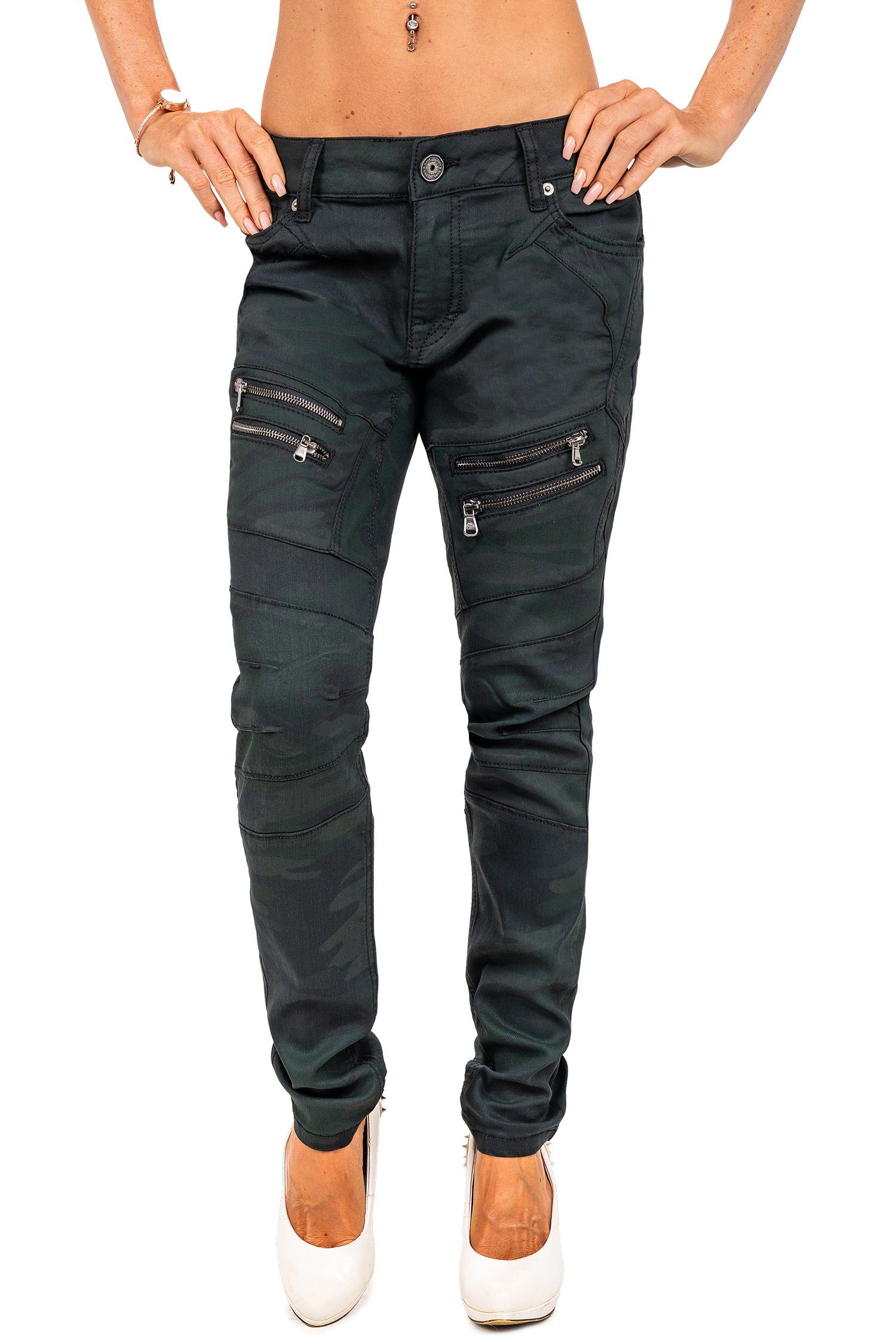 Cipo & Baxx Slim-fit-Jeans Moderne Hose BA-WD501 Camouflage Muster mit Aufgesetzten Reißverschlüssen