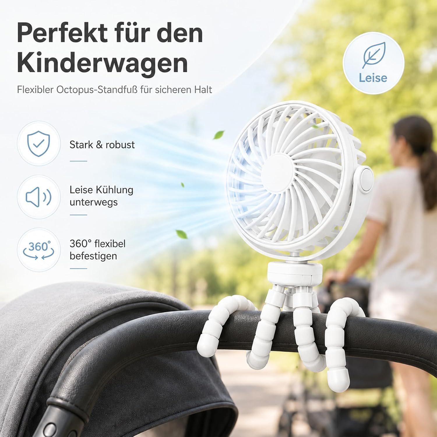MOPUEA Standventilator Mini Ventilator,USB Tischventilator,360° Drehbar 3 Geschwindigkeiten, Tragbarer Multi Szene Ventilator mit Aufhängefunktion,Reisen, Autositz