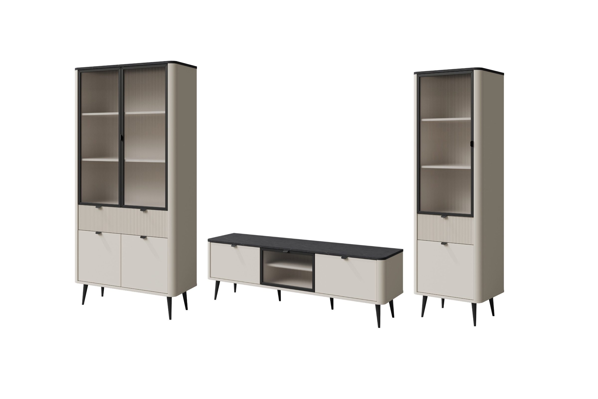 Deine Möbel 24 Wohnzimmer-Set MILY A mit zwei Vitrinen und einem TV-Schrank, (Komplett-Set, 3-St., zwei Vitrinen und einem TV-Schrank), Zwei Vitrinen und ein TV-Schrank, geriffelte Fronten, hohe Metallfüße