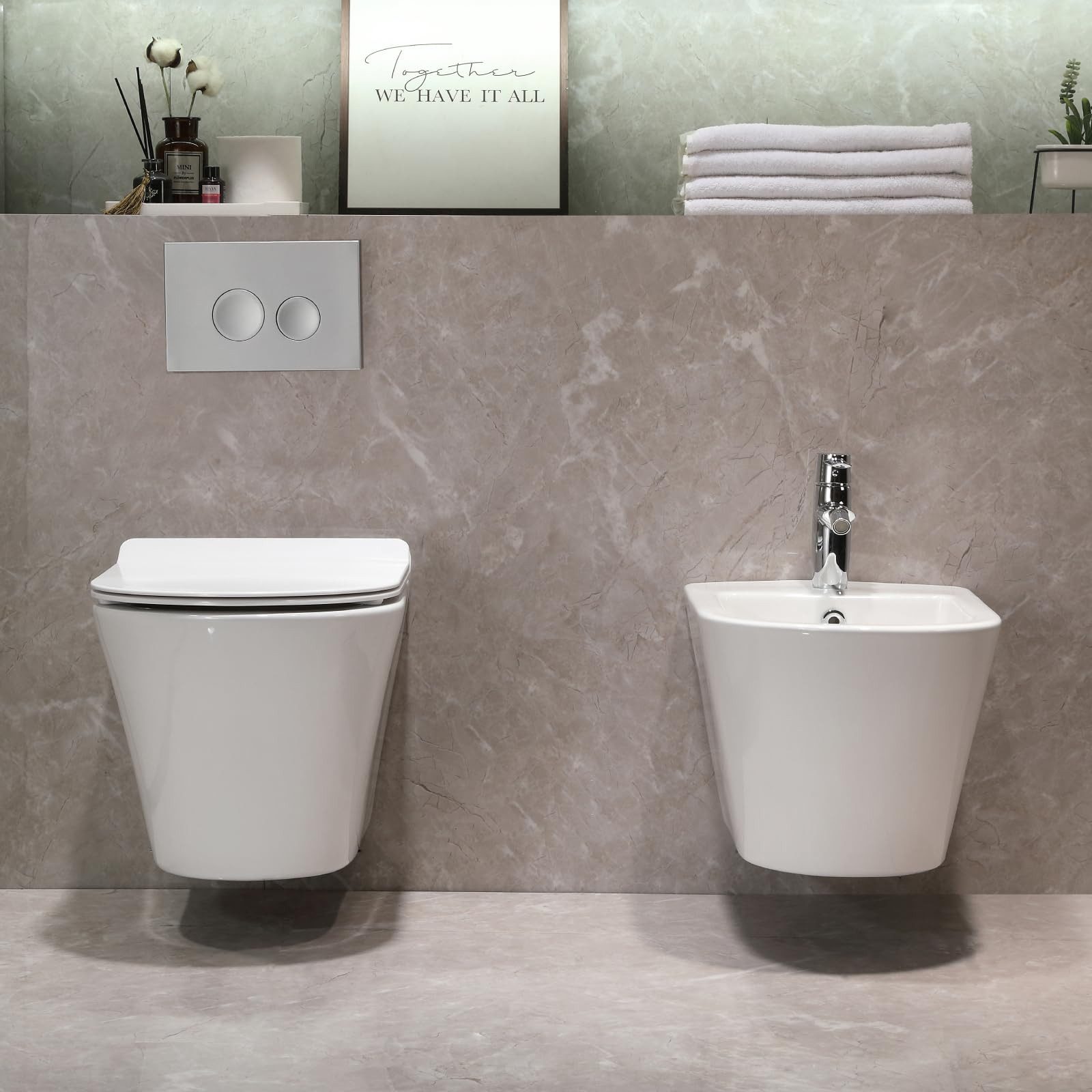 HOROW Bidet Hänge Bidet Komplet Set mit Hänge WC Spülrandlos, wandhängend, WC Sitz mit Absenkautomatik Abgang