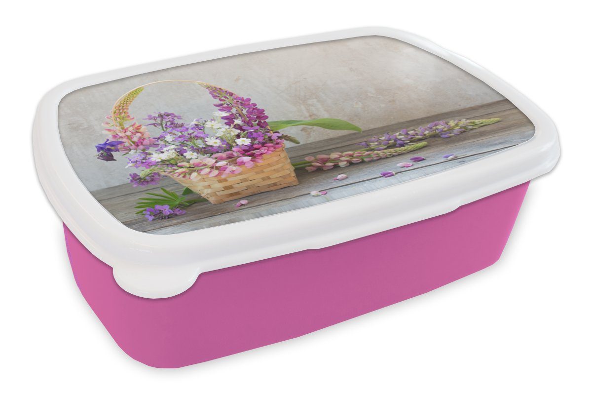 MuchoWow Lunchbox Korb - Blumen - Stilleben, Kunststoff, (2-tlg), Brotbox für Erwachsene, Brotdose Kinder, Snackbox, Mädchen, Kunststoff rosa