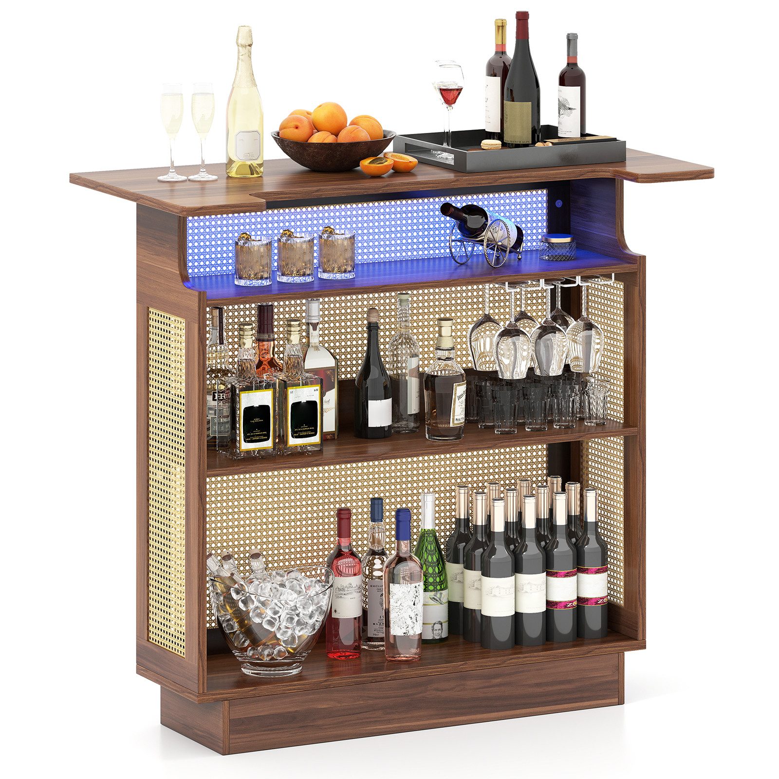 COSTWAY Bartisch LED Hausbar Weinschrank, Küchenbartisch Rattan mit Glashaltern