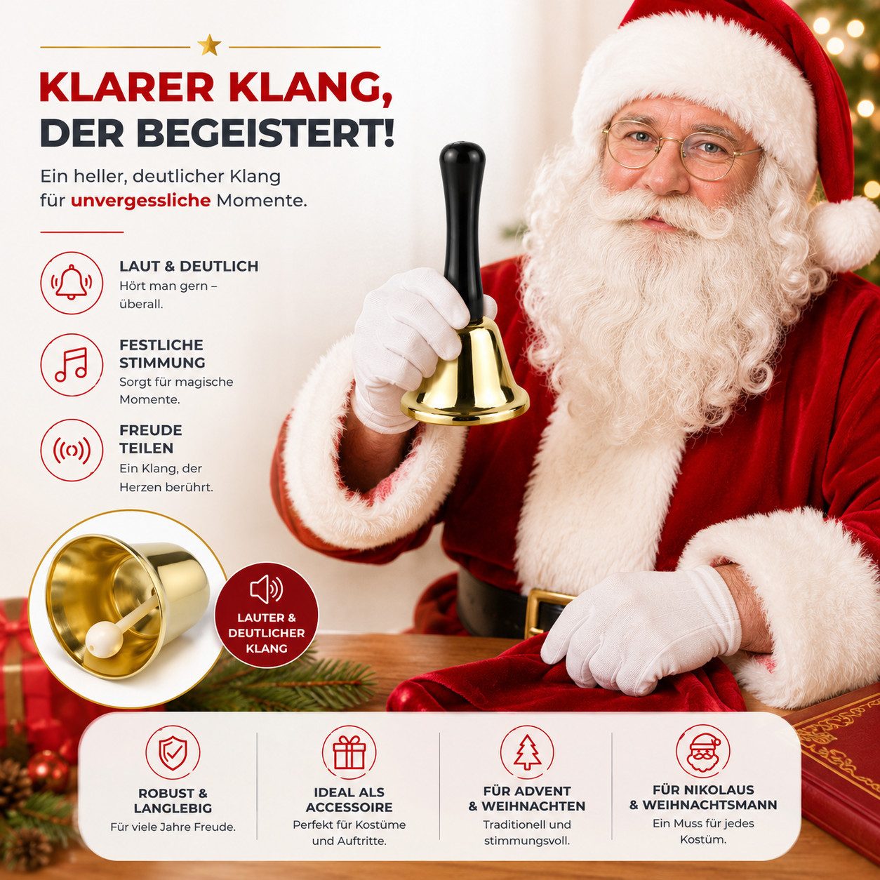 Weihnachtswunder® Kostüm Weihnachtsglocke - Nikolausglocke Gold - Nikolaus Kostüm Accessoire, Lauter Ton