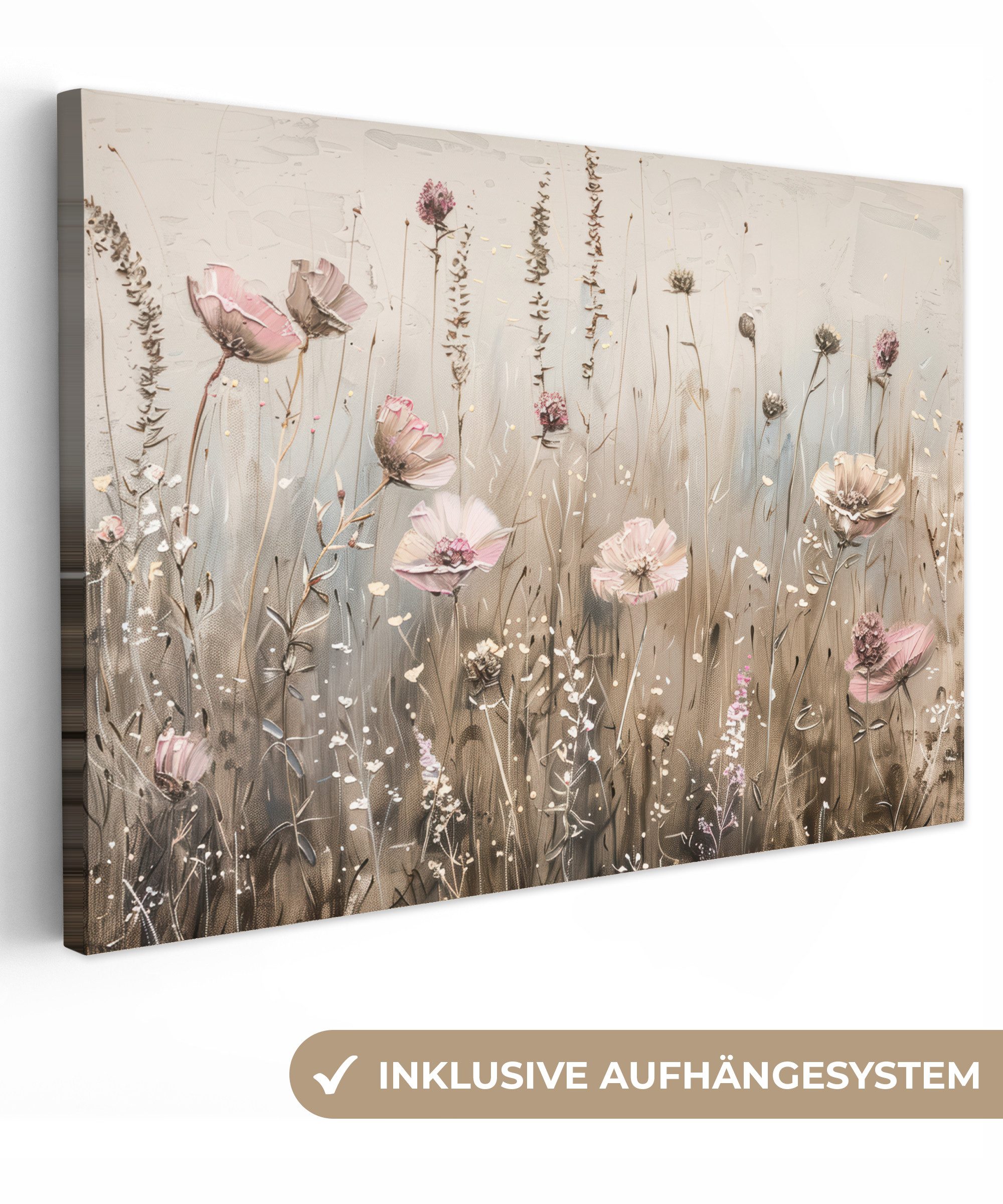 Leinwandbild Blumen - Rosa - Modern - Beige