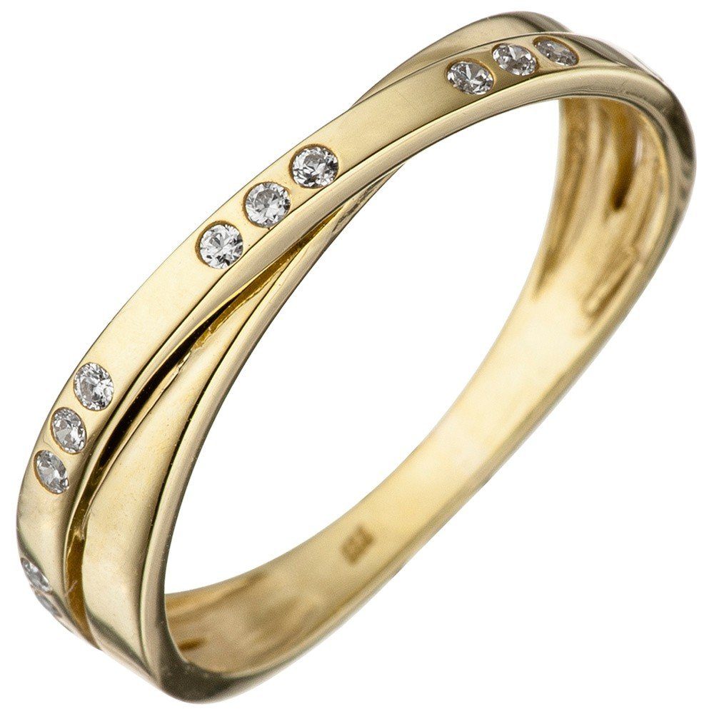 Schmuck Krone Fingerring Ring Damenring 2 überkreuzte Goldringe mit 15 weißen Zirkonia 333 Gold Gelbgold, Gold 333