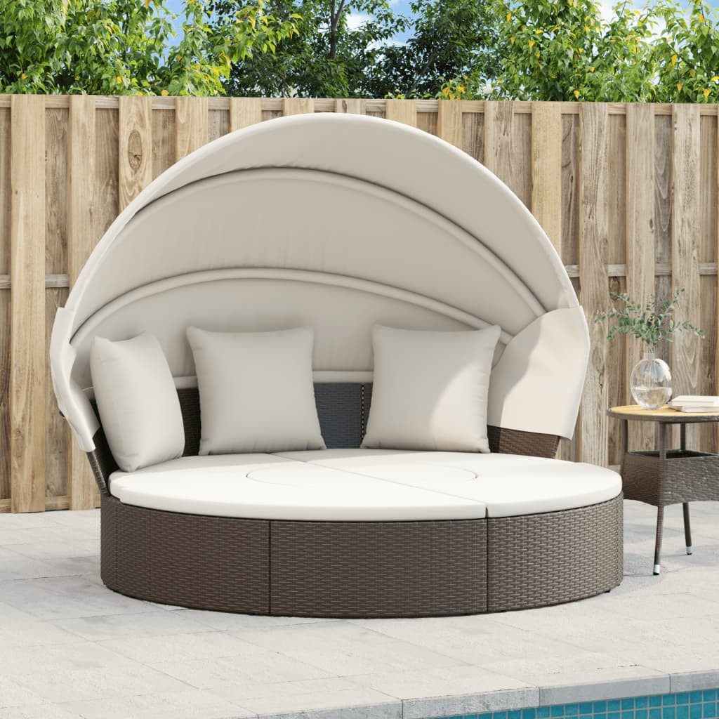 vidaXL Badeinsel, Sonneninsel mit Dach und Kissen Braun Poly Rattan