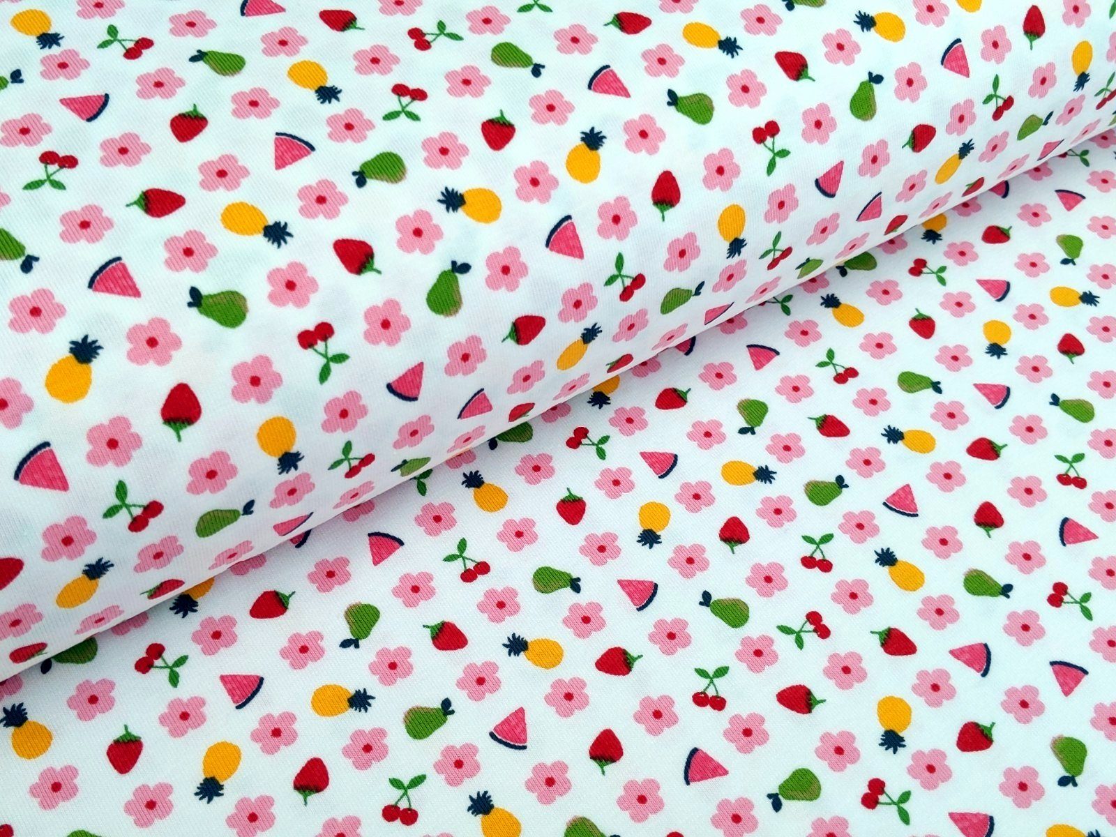 Corileo Stoff Baumwolljersey Floyd Früchte Weiss Stoff Meterware Jersey