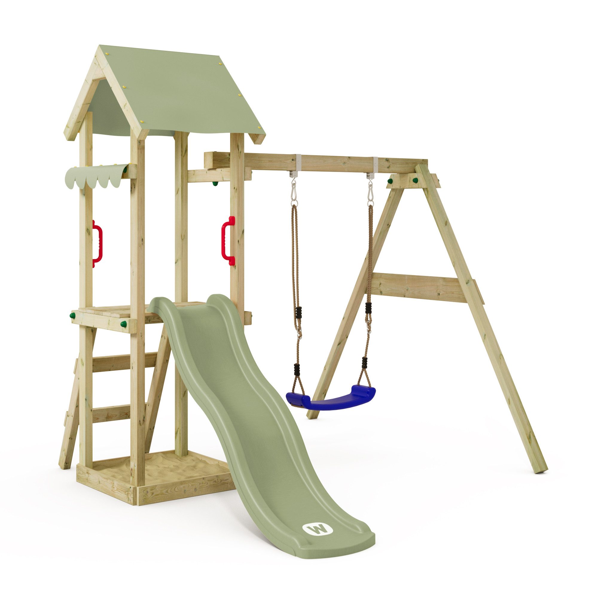 Wickey Spielturm TinyWave - Klettergerüst für Kleinkinder mit Schaukel & Rutsche, Holz-Kletterturm mit Sandkasten & 10-Jahren Garantie*