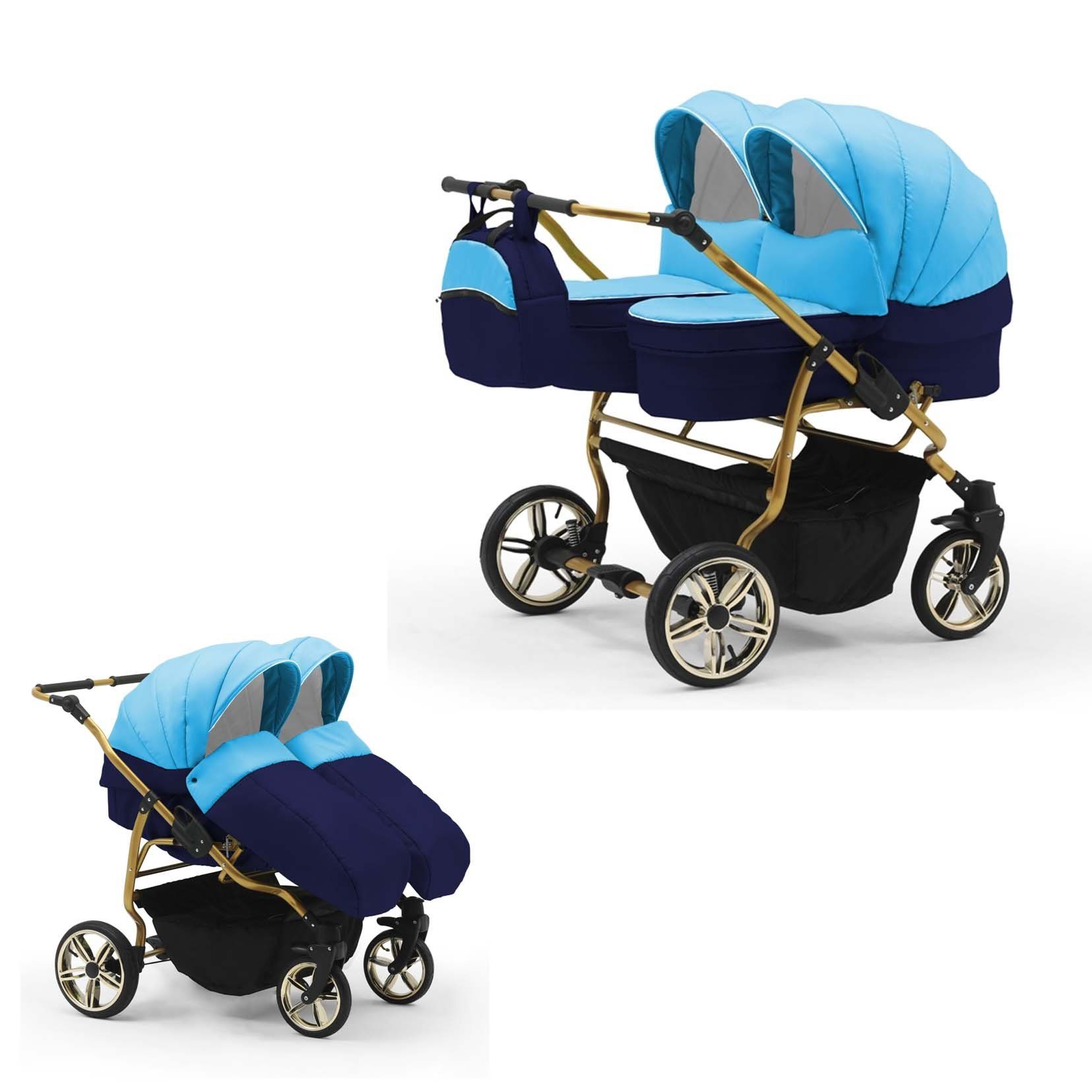 babies-on-wheels Zwillingswagen Zwillingskinderwagen 2 in 1 Duet Lux - 10 Teile - in 33 Farben Hellblau-Navy