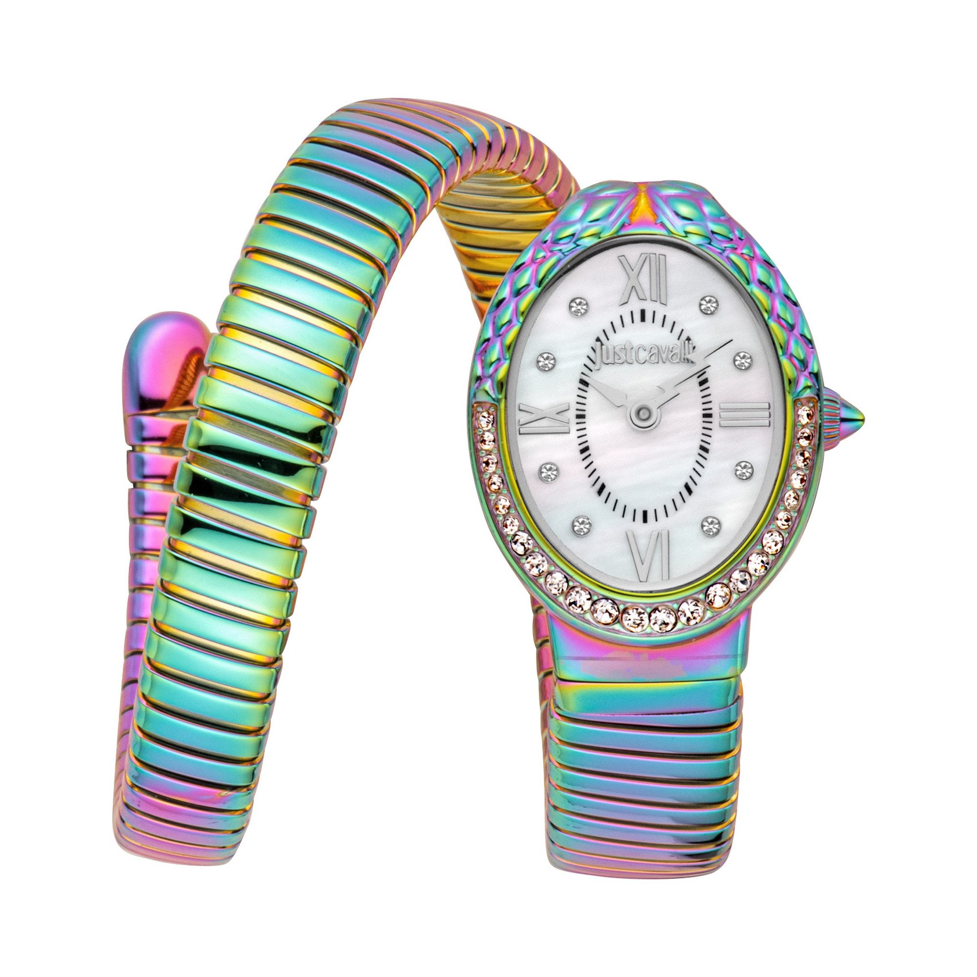 Just Cavalli Time Quarzuhr Signature Snake JC1L390M0075, Armbanduhr, Damenuhr, Edelstahlarmband, analog, Kristallsteine