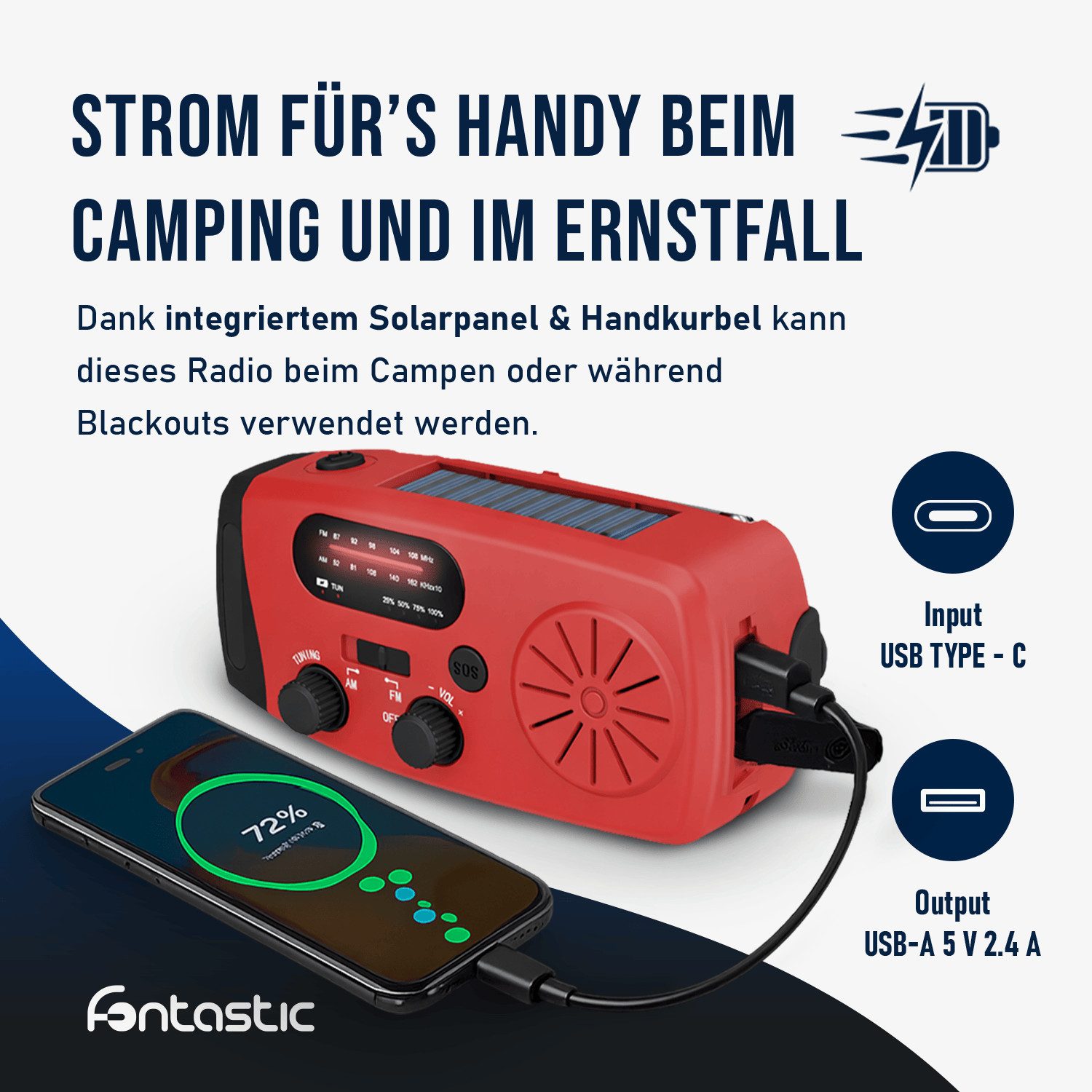 fontastic Rock Notfallradio mit Kurbel und Solar Powerbank 4000mAh Notfallradio (AM/FM/WB Digital Radio, Notfallradio, Kurbelradio, Solar Radio, Blackout Vorsor – Bild 4 von 5