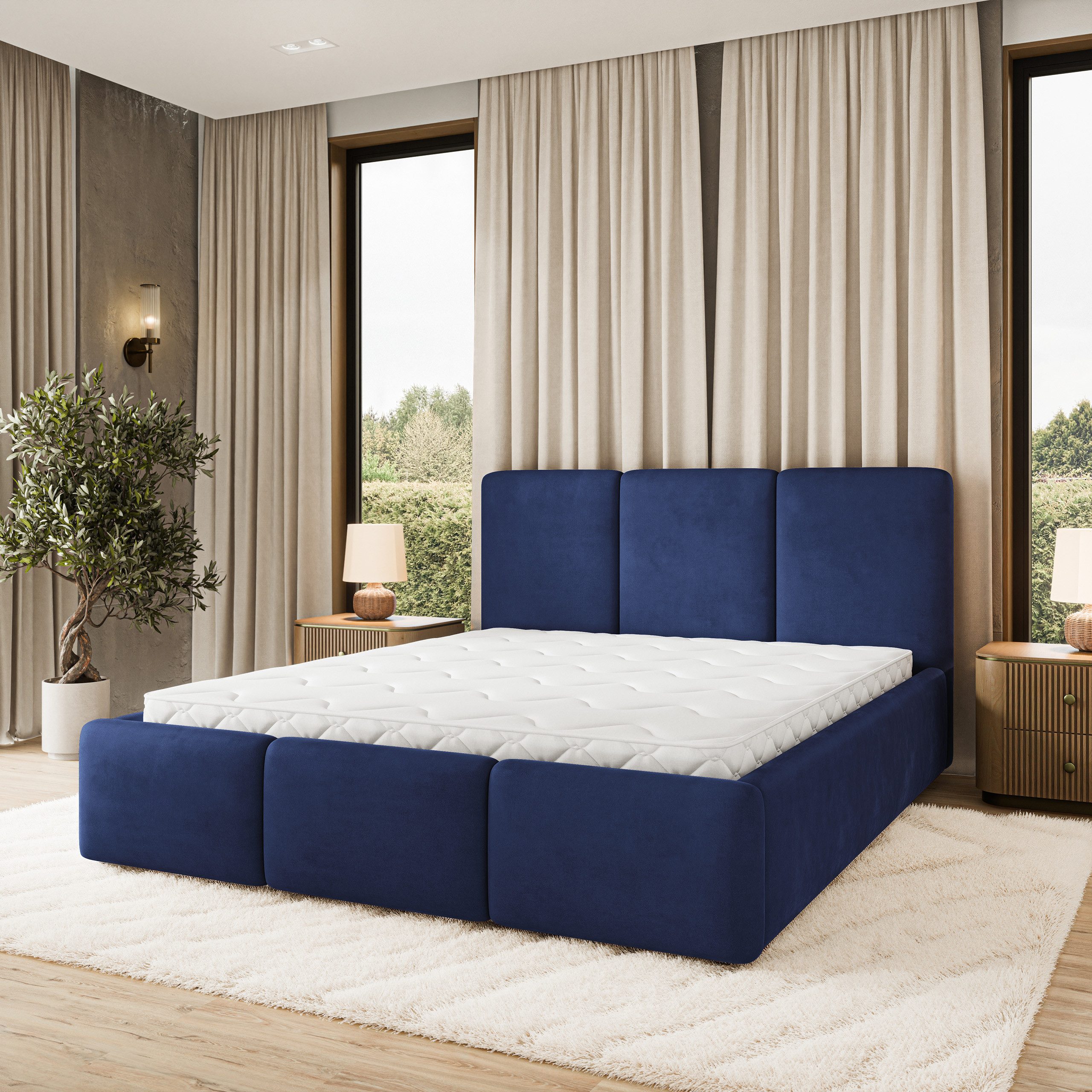 Masseno Polsterbett MORENA 120x200 cm blau (mit Bettkasten und Lattenrost)