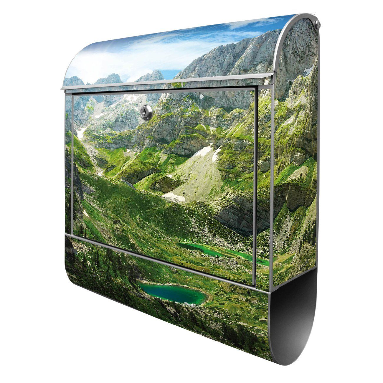 banjado Wandbriefkasten Stahl Bergsee Alpen (Wandbriefkasten witterungsbeständig, pulverbeschichtet, mit Zeitungsfach), 39 x 47 x 14cm silberfarben