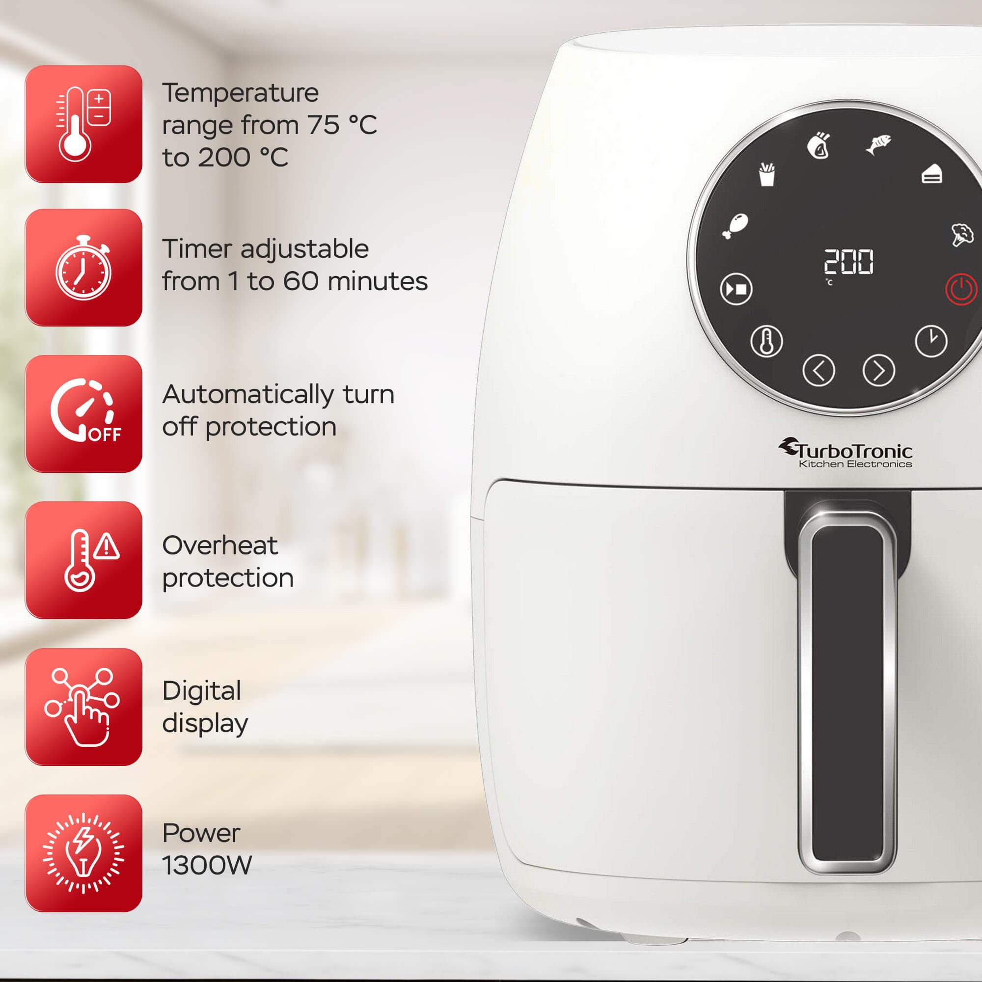 TurboTronic by Z-Line Heißluftfritteuse mit Silikoneinlage Digitaler Airfryer 6 Programme gesund kochen Grill, 1300 W, Knusprige Pommes ohne Öl