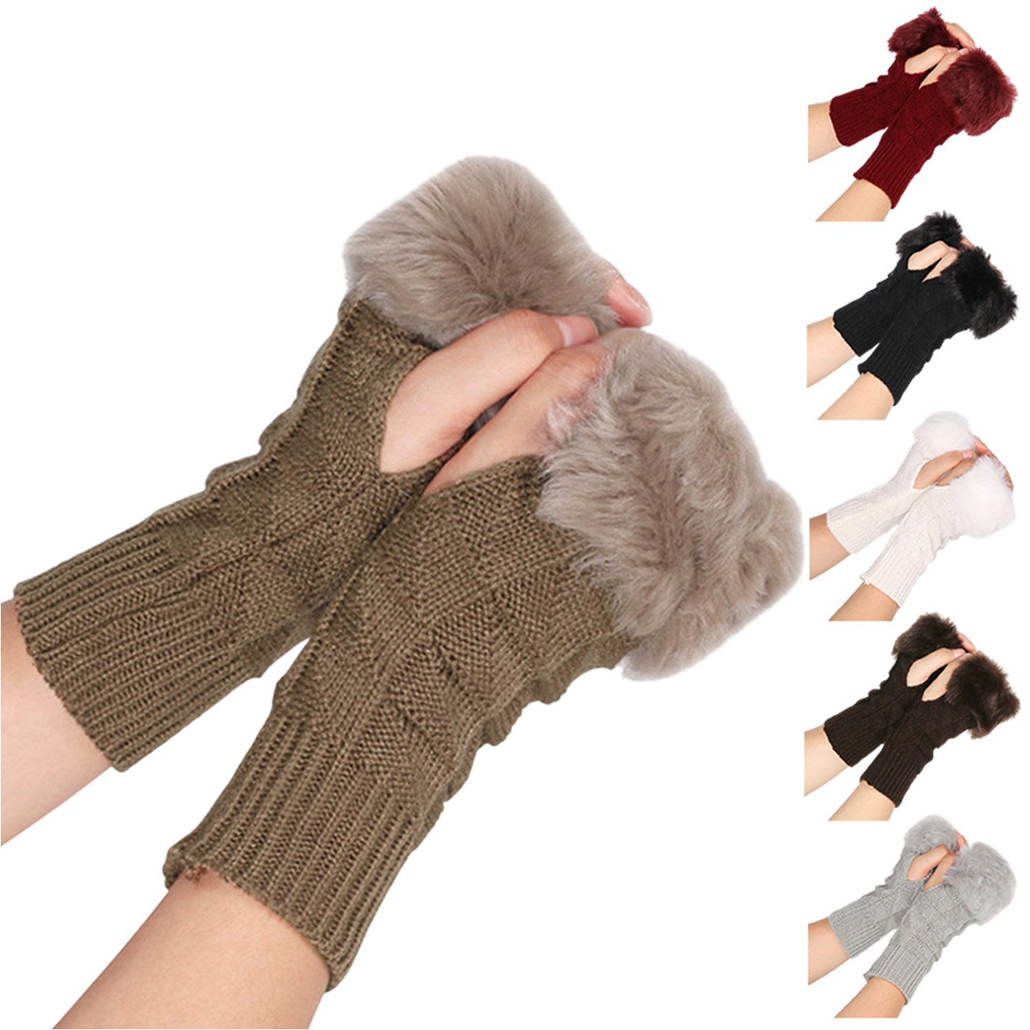 Refttenw Strickhandschuhe Damen Kunstfell Armstulpen,Halb Fingerlose Handschuhe,Handstulpen,6-st (6-St) warme