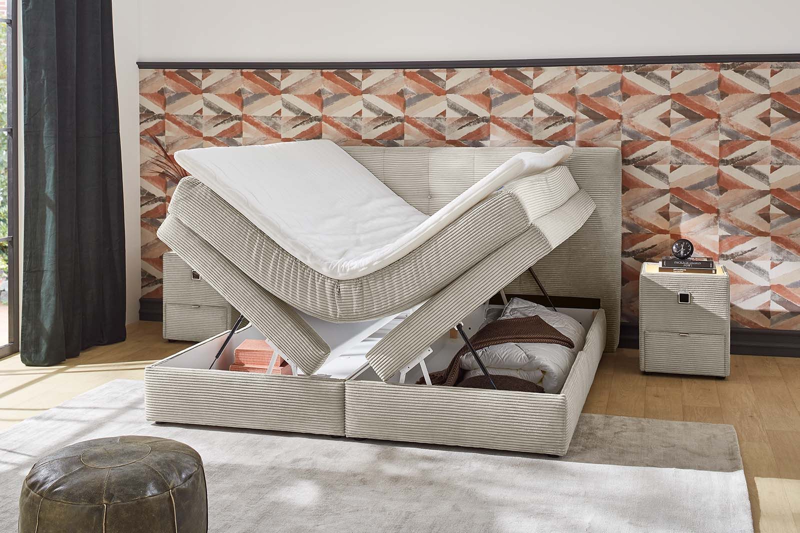 Jockenhöfer Gruppe Boxspringbett AMY in Cord, erhältlich in den Breiten 180cm & 200cm, mit Bettkasten & Kaltschaum-Topper