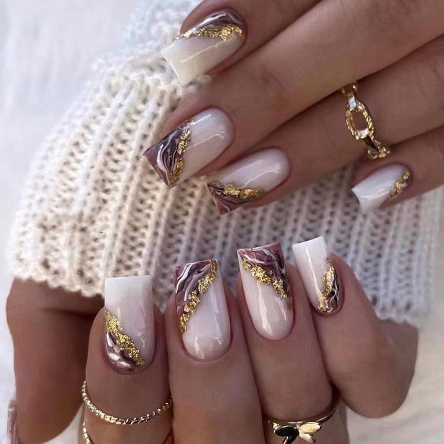 Kunstfingernägel 24 Stück Künstliche Nägel Press on Nails Kurz Gold French Glitzer