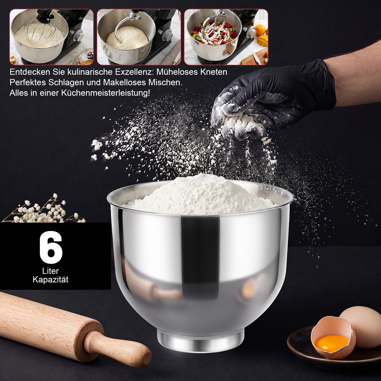 oyajia Küchenmaschine 3 in 1 Multifunktionale Knetmaschine 6-stufige Gescheindigkeit Mixer, mit Fleischwolf, 1.5L Saftpresse, 6L Edelstahlschüssel, 2000 W, 6 l  – Bild 5 von 5