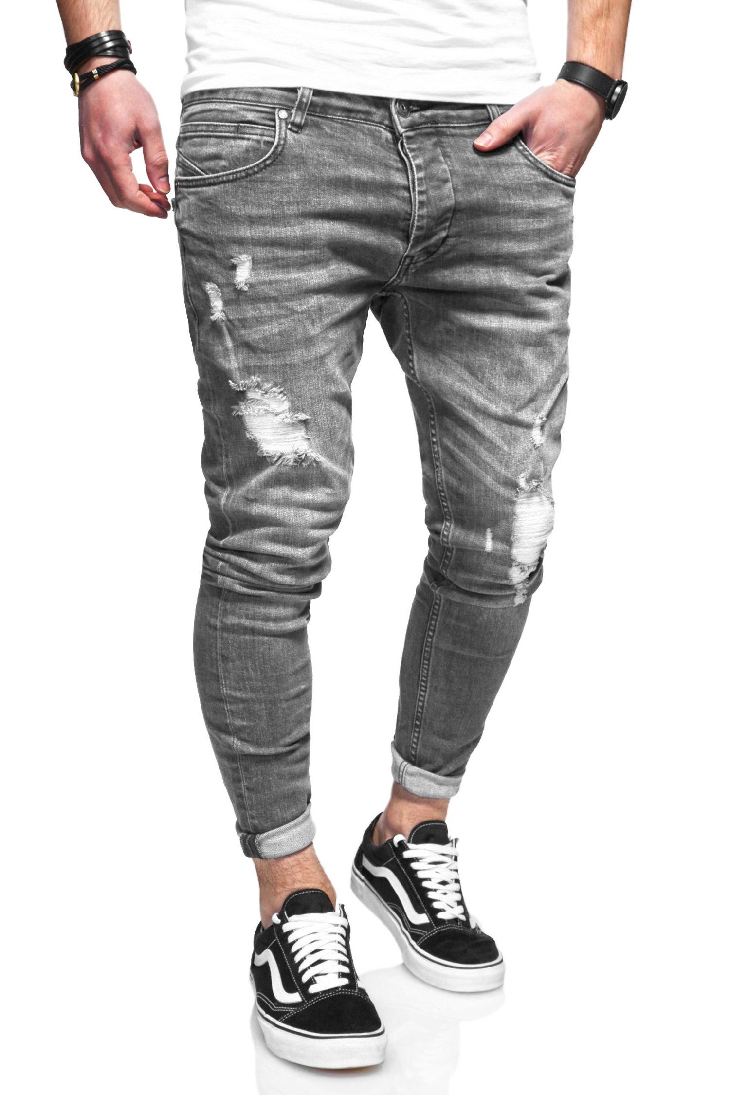 Destroyed-Parts Slim-fit-Jeans ODIN behype mit grau