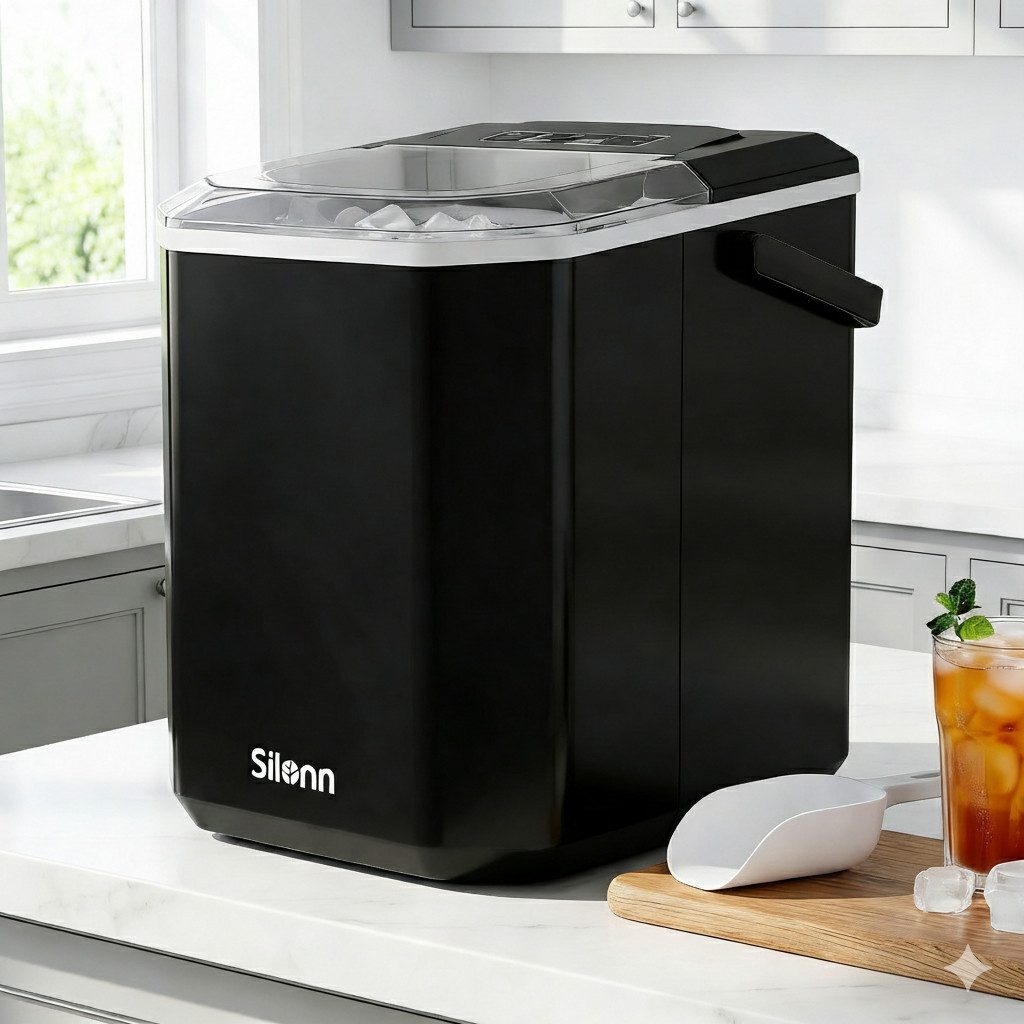 Silonn Eiswürfelmaschine Eiswürfelbereiter kompakt, 2 Eisgrößen, Selbstreinigung, tragbar, 12 kg/Tag, selbstreinigend, ≤ 35 dB