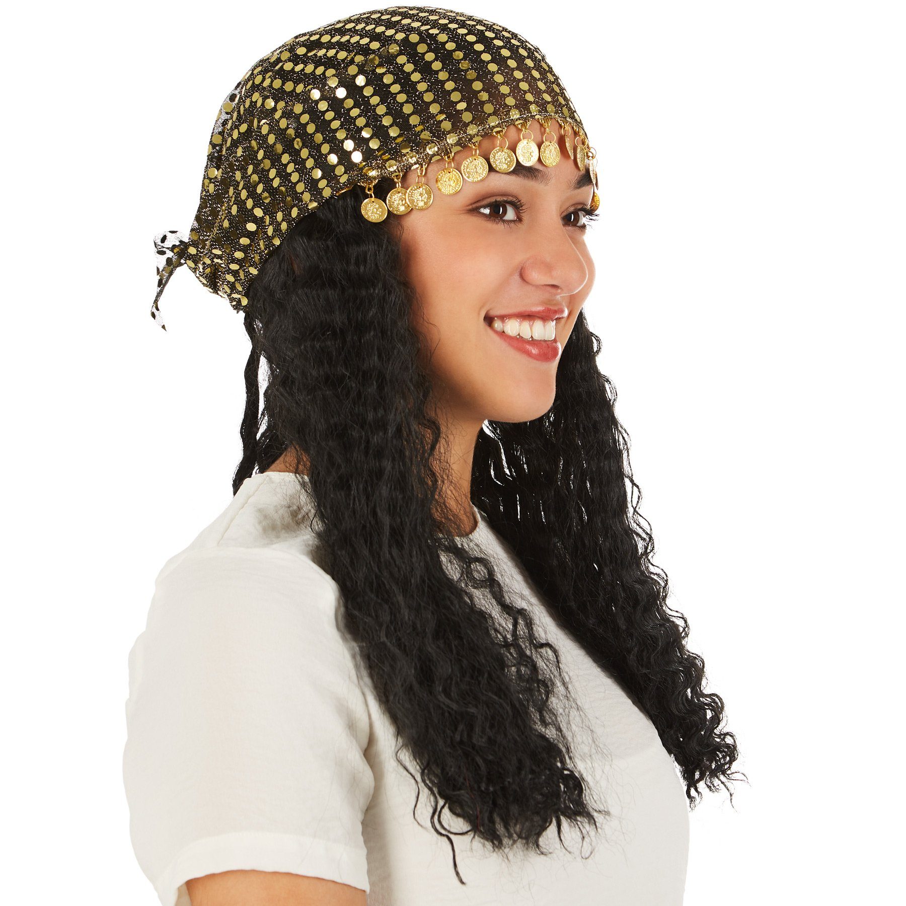 dressforfun Kostüm-Perücke Langhaarfrisur, Frauenperücke Wahrsagerin mit mittellangem Haar, Kopftuch aus Paillettenstoff mit Metallmünzendeko, geheimnisvoll