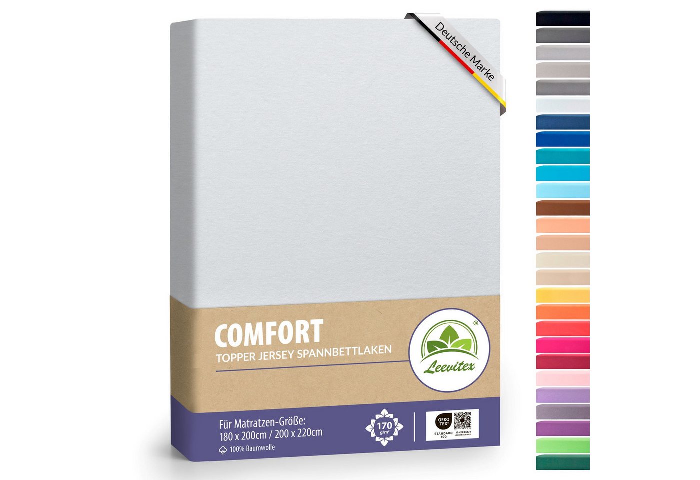leevitex® Spannbettlaken für Topper 180x200 – 200x220 cm, 100% Premium Mako Jersey Baumwolle, Jersey, Gummizug: rundum, (1 Stück), 18cm Steg, anschmiegsam, dehnbar, formstabil und trocknergeeignet