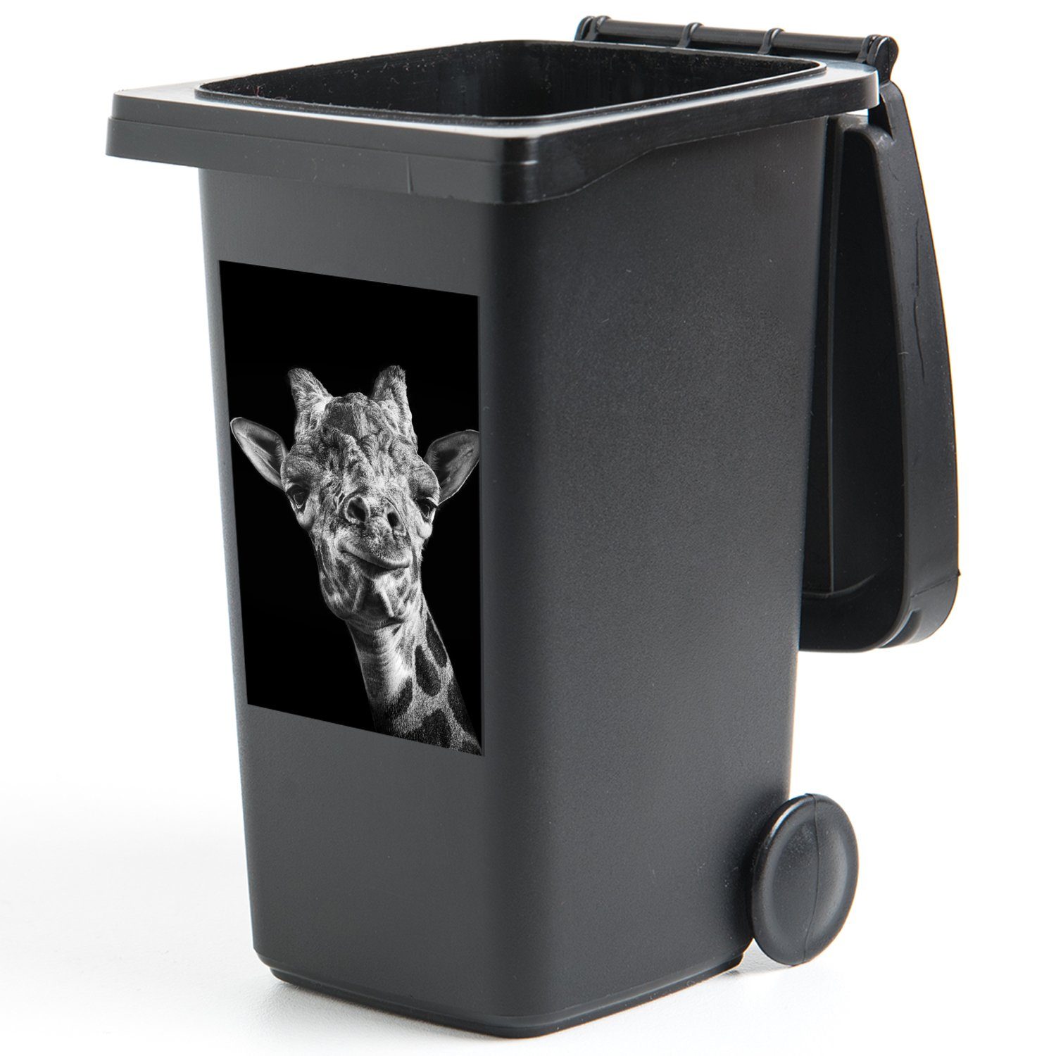 Mülleimer-aufkleber, MuchoWow Abfalbehälter - - Container, Tier - Mülltonne, Weiß Giraffe Sticker, St), (1 Schwarz Wandsticker