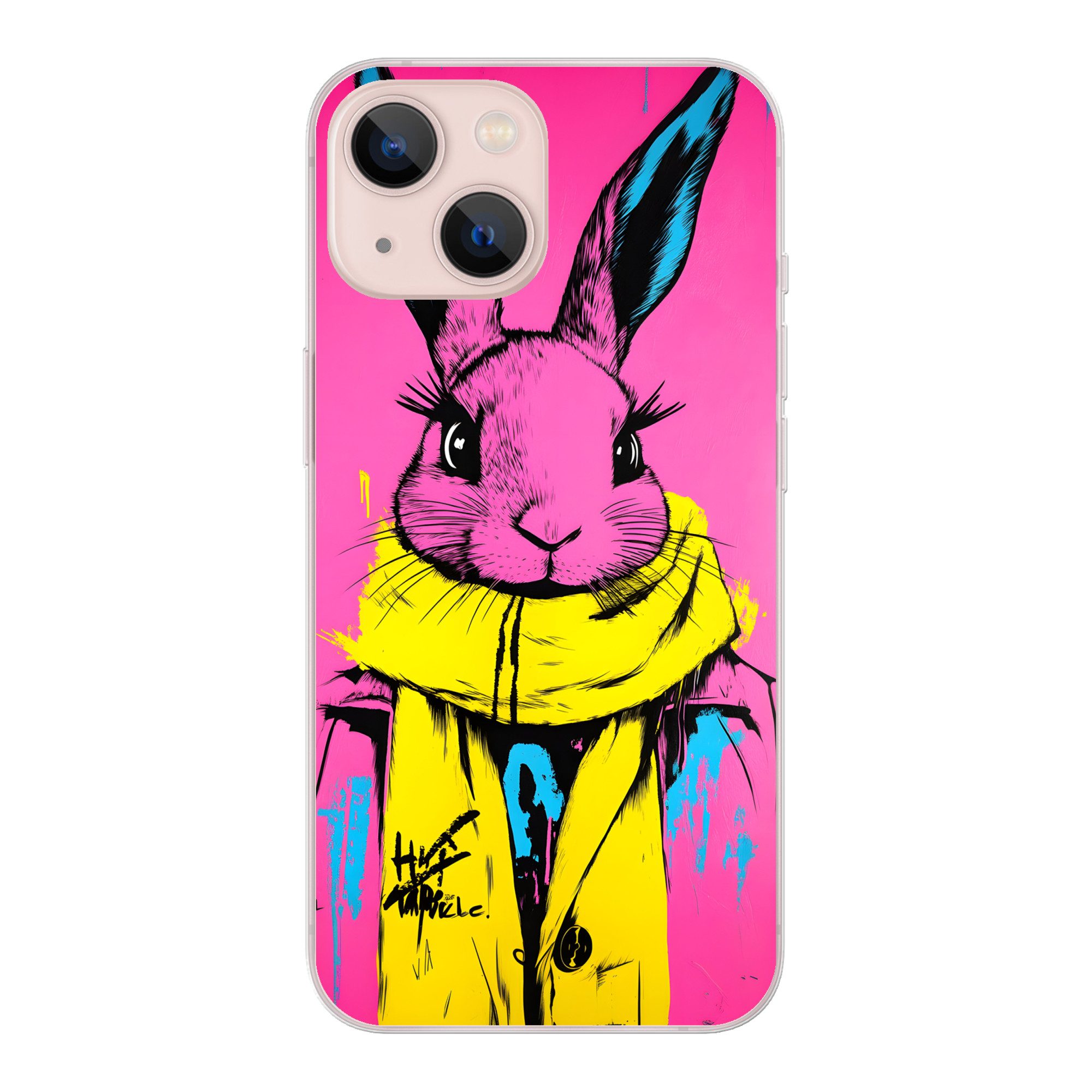 MuchoWow Handyhülle für Apple iPhone 13 Kaninchen - Hellrosa - Schal - Abstrakt, Smartphone-Bumper, Print, Handy Schutzhülle Dünn