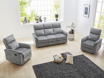 luma-home 3-Sitzer 15128, Sofa mit halbautomatischer Relaxfunktion 180 cm breit, Federkern, Wellenunterfederung, Bezug Velours, Vintage Grau