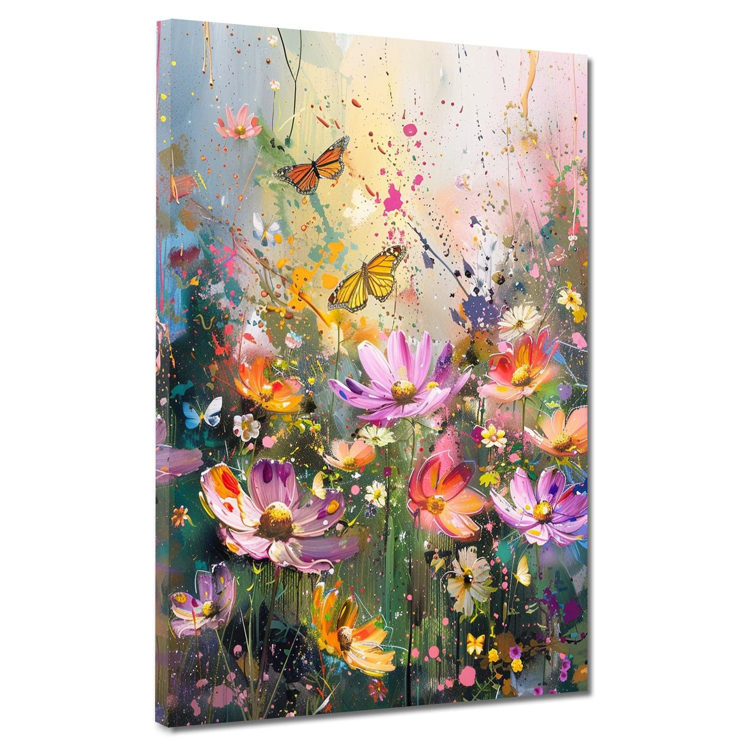 Artedinoi Leinwandbild Blumenwiese Schmetterlinge Aquarell bunt Leinwandbild Wandbild XXL, Blumenwiese mit Schmetterlingen