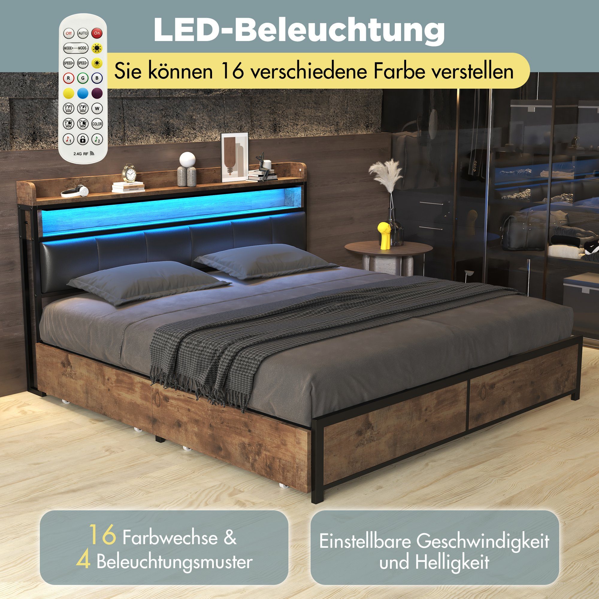 LED 160x200cm Polsterkopfteil 4 Schubladen WISHDOR Beleuchtung Doppelbett, Holzbett