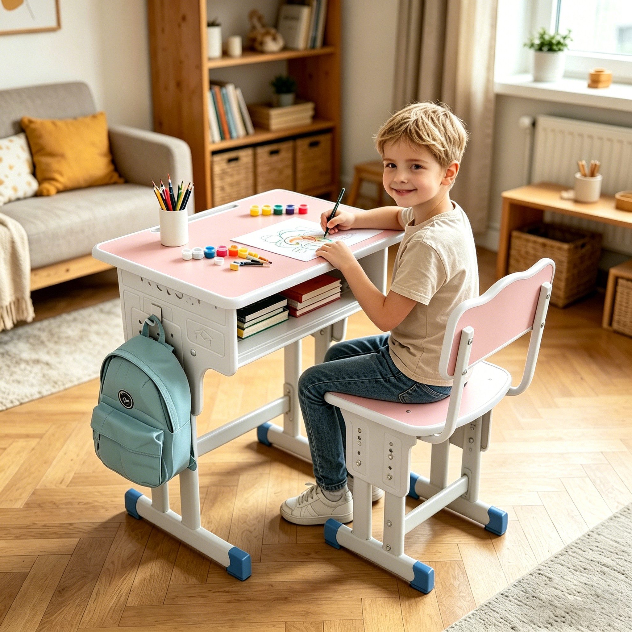 BBG Kinderschreibtisch Höhenverstellbares Kinder Schreibtisch Set mit Stuhl (Ergonomischer Lerntisch 60x40 cm, 4-Stufen Höhenverstellung, Ein Tisch, ein Stuhl), – Bild 3 von 5