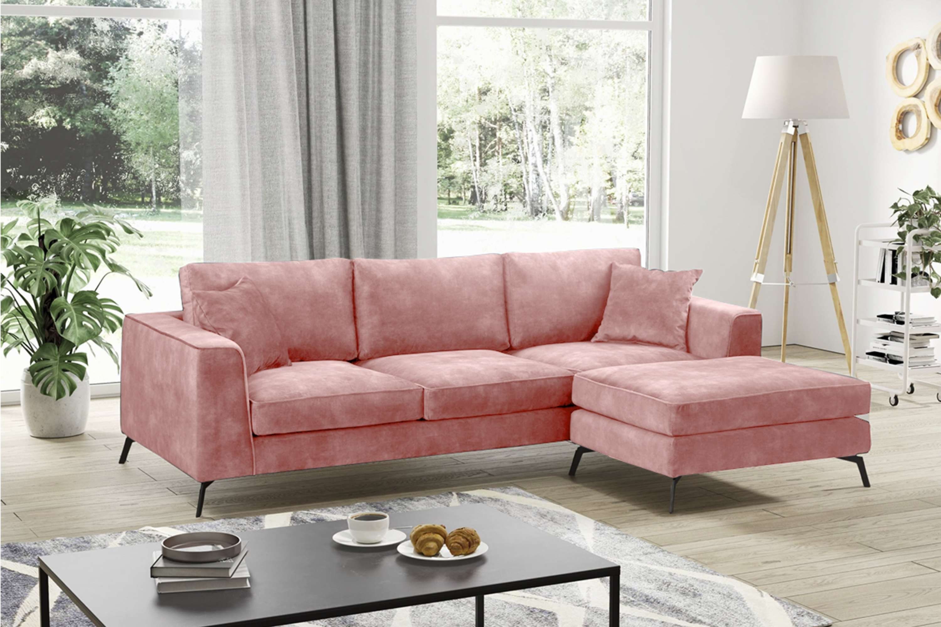 Konsimo Ecksofa NORIS Ecksofa links/rechts, zeitloses Design, hohe Beine, Loft-Stil, hydrophobe Beschichtung rosa | rosa