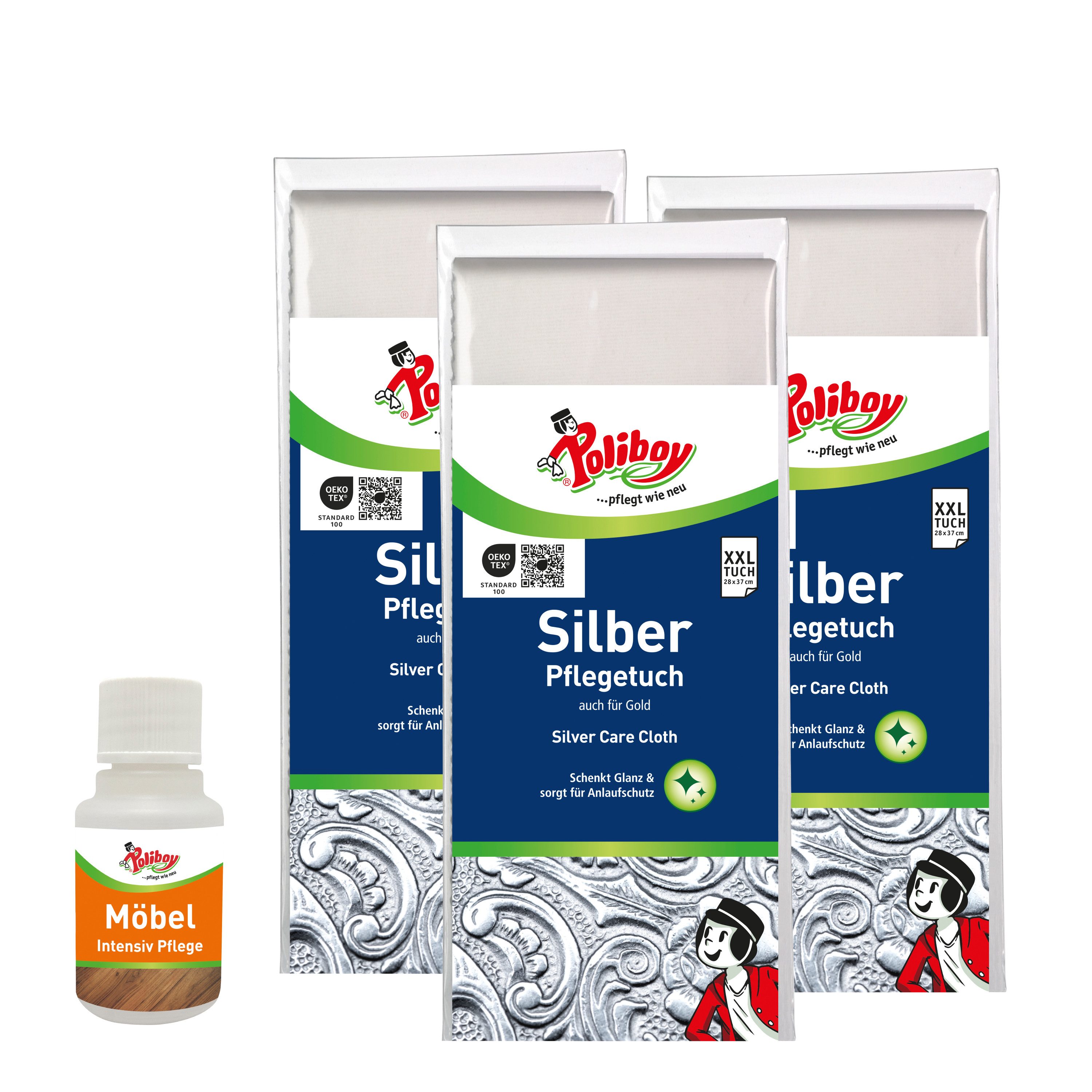 poliboy 99A4401, Silber Pflege - 3er Set - mit Möbel Probe Pflegetuch (37x28 cm, Spezialpoliertuch zur Pflege und Reinigung - Made in Germany)
