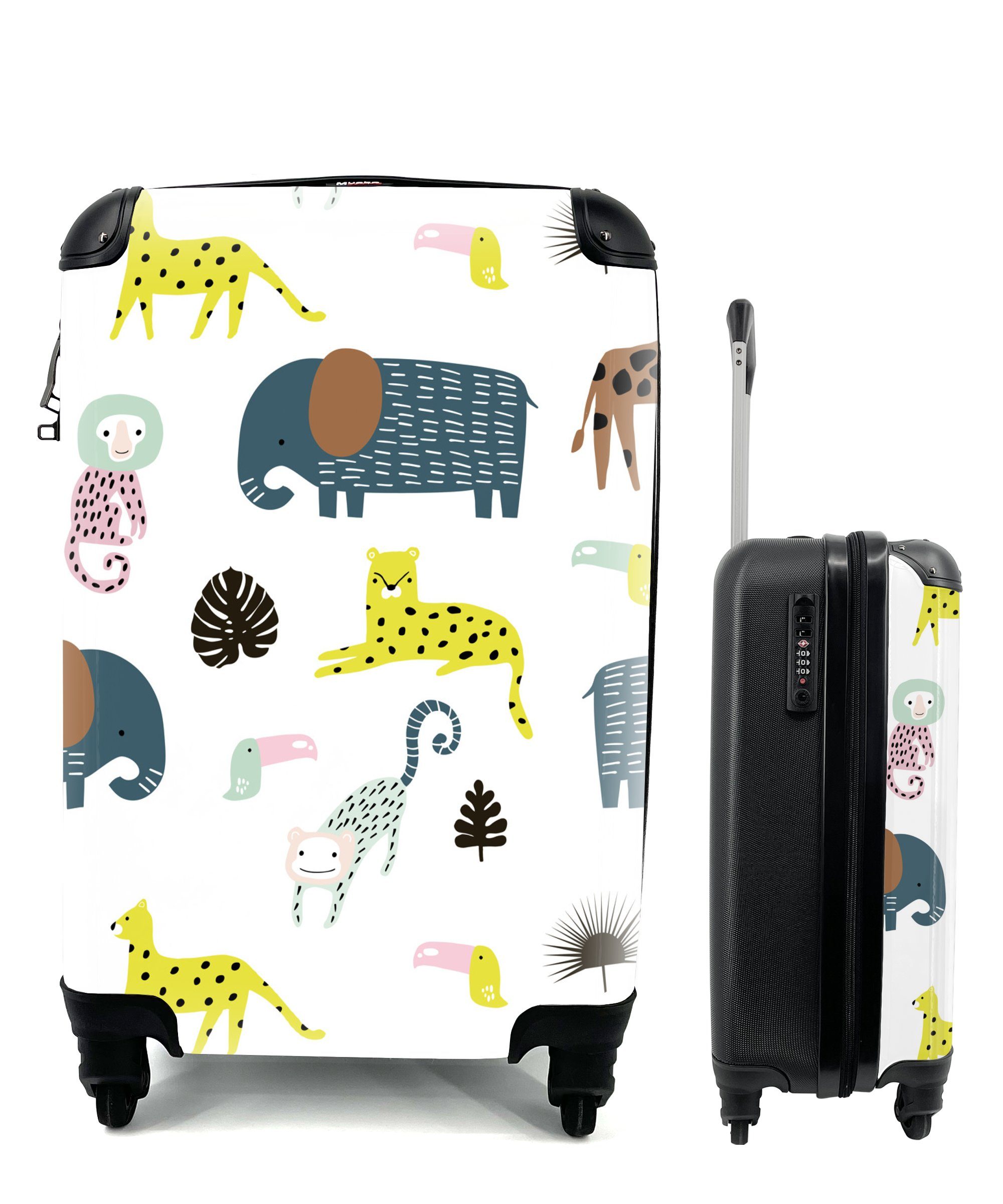 MuchoWow Handgepäckkoffer Tiere - Elefant - Affe - Weiß, 4 Rollen, Reisetasche mit rollen, Handgepäck für Ferien, Trolley, Reisekoffer